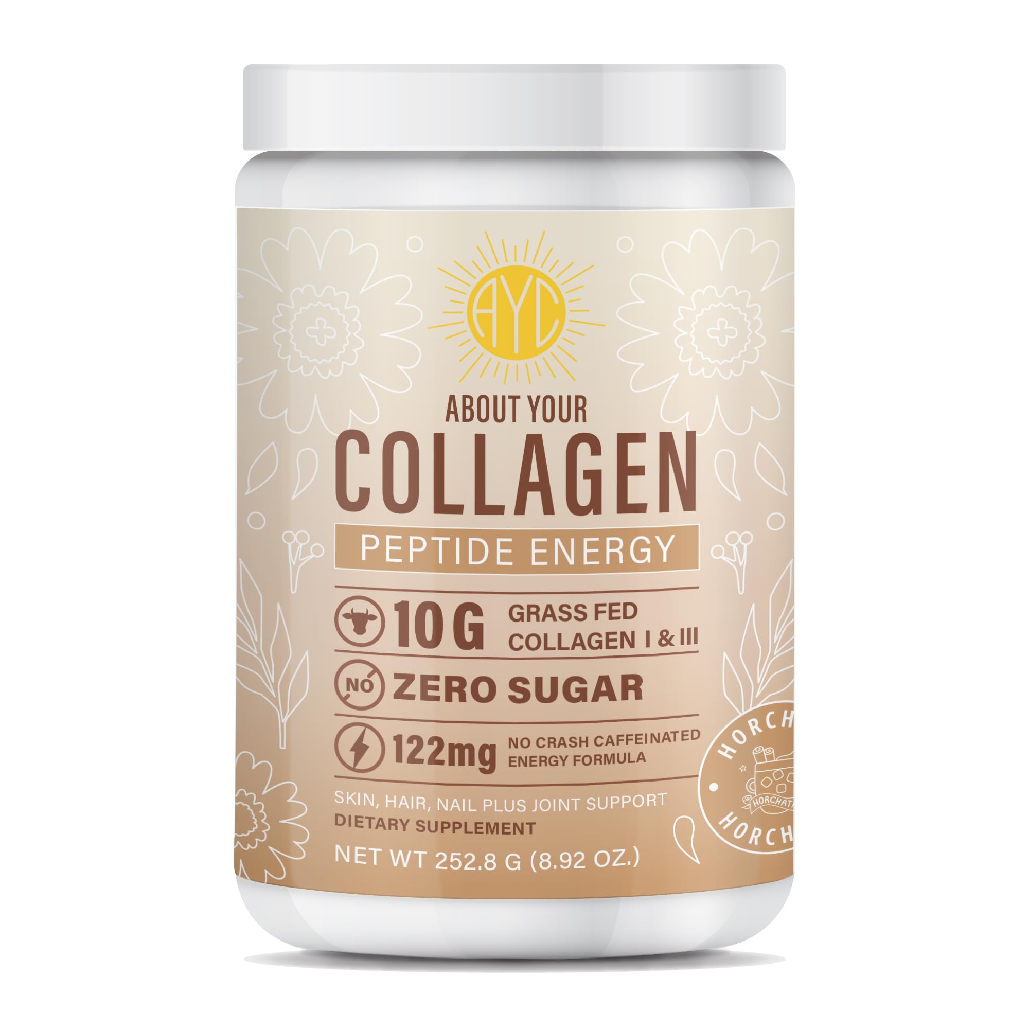 ABOUT YOUR COLLAGEN bouteille Horchata montrant l’emballage et la promesse d’énergie et beauté.