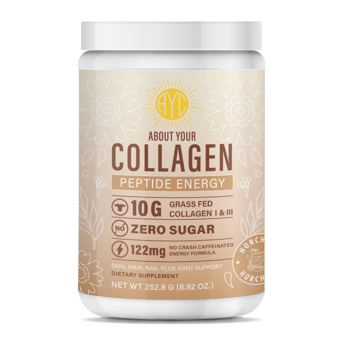ABOUT YOUR COLLAGEN bouteille Horchata montrant l’emballage et la promesse d’énergie et beauté.