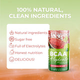 About Time BCAA Hydration étiquette transparente indique ingrédients et saveurs