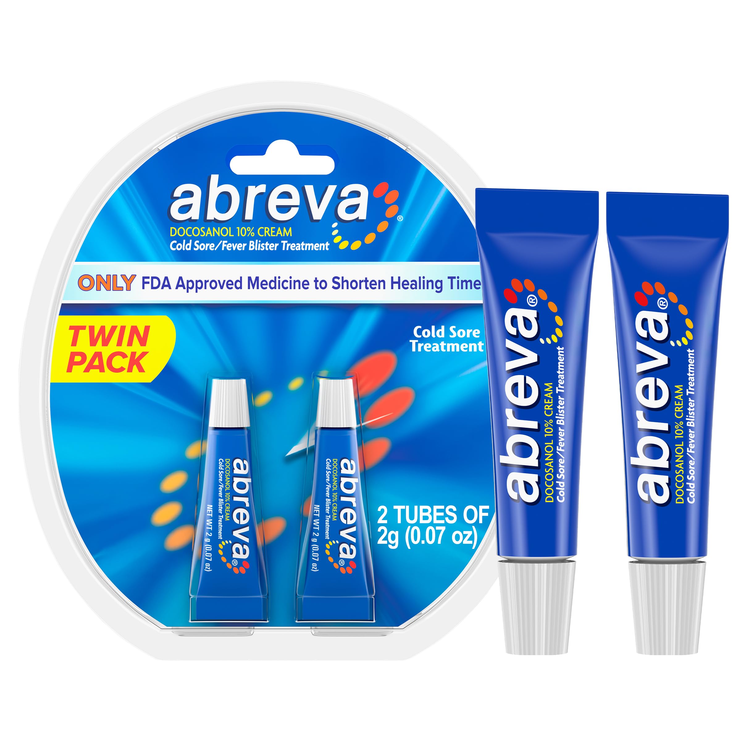 Abreva : boîte double-tubes prête à l’emploi pour le traitement des boutons de fièvre.