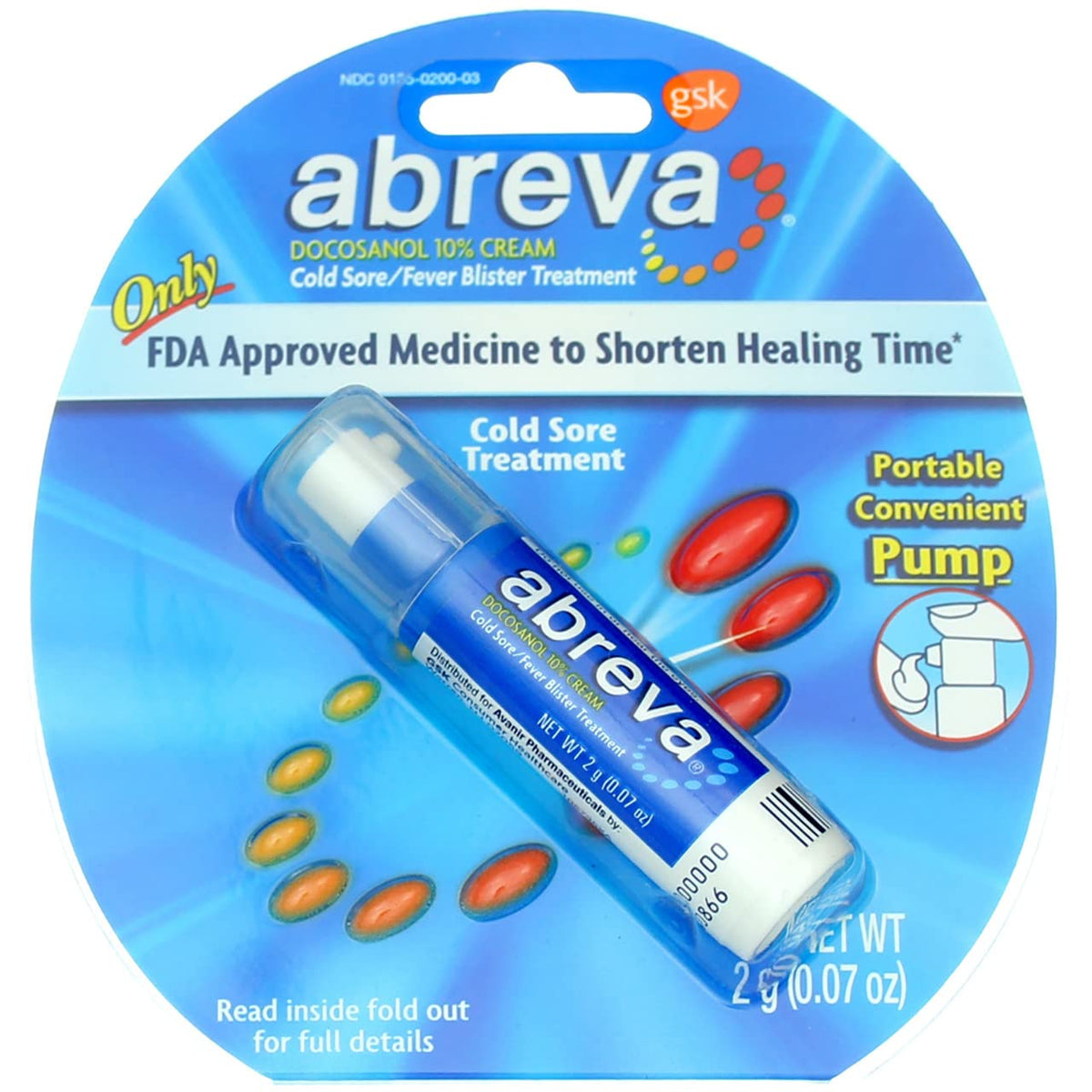 Abreva pompe 2 g applique sur bouton fievre, application rapide.