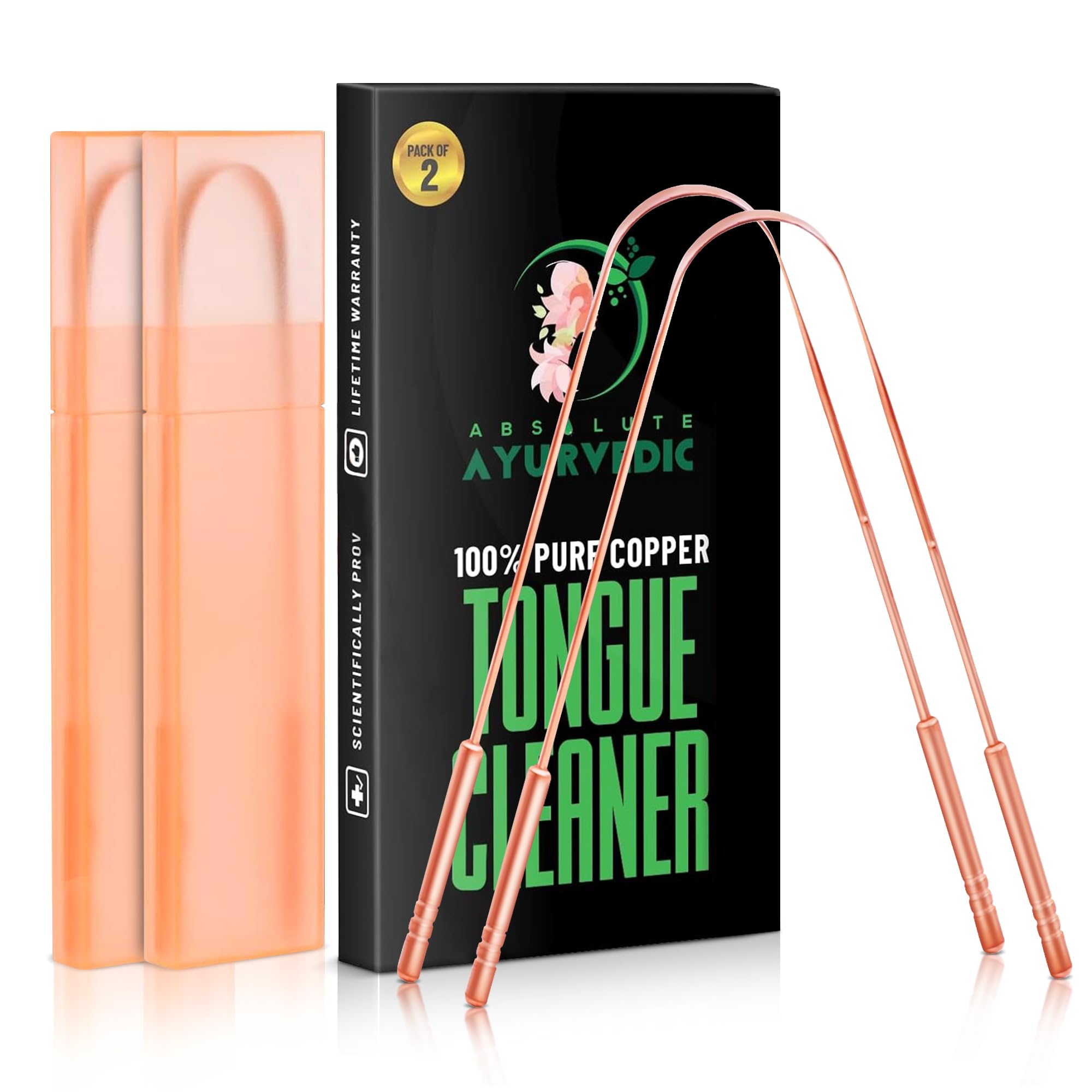 Absolute Ayurvedic rasoir langue cuivre, ensemble double avec étui, hygiène buccale pratique.