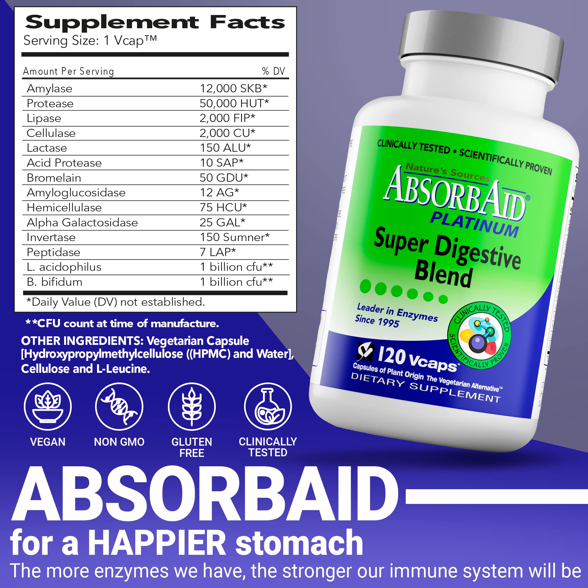 AbsorbAid Platinum étiquette et flacon, rappel des bénéfices potentiels.