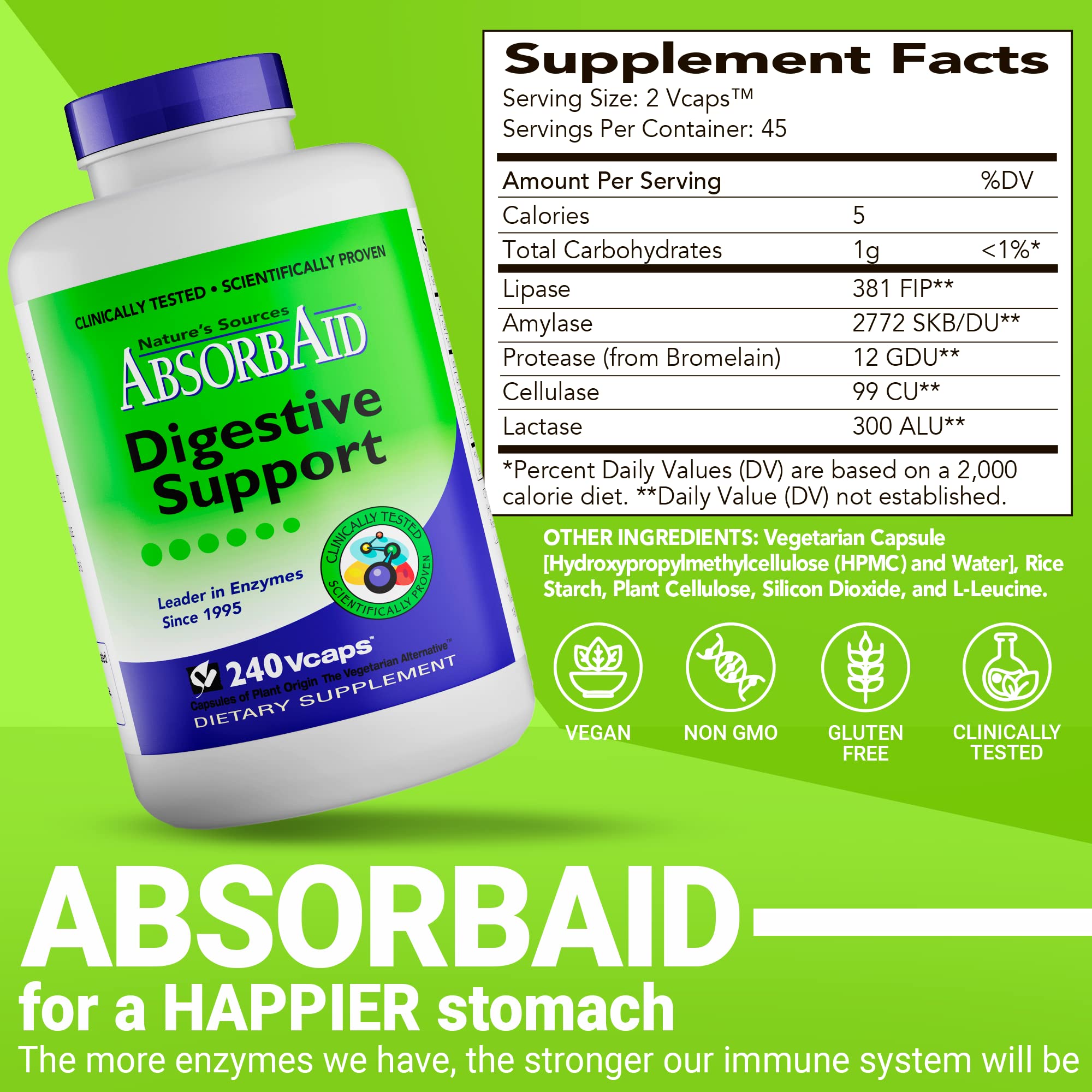 Absorbaid: liste d’ingrédients enzymatiques—lipase, amylase, protéase, cellulase et lactase.