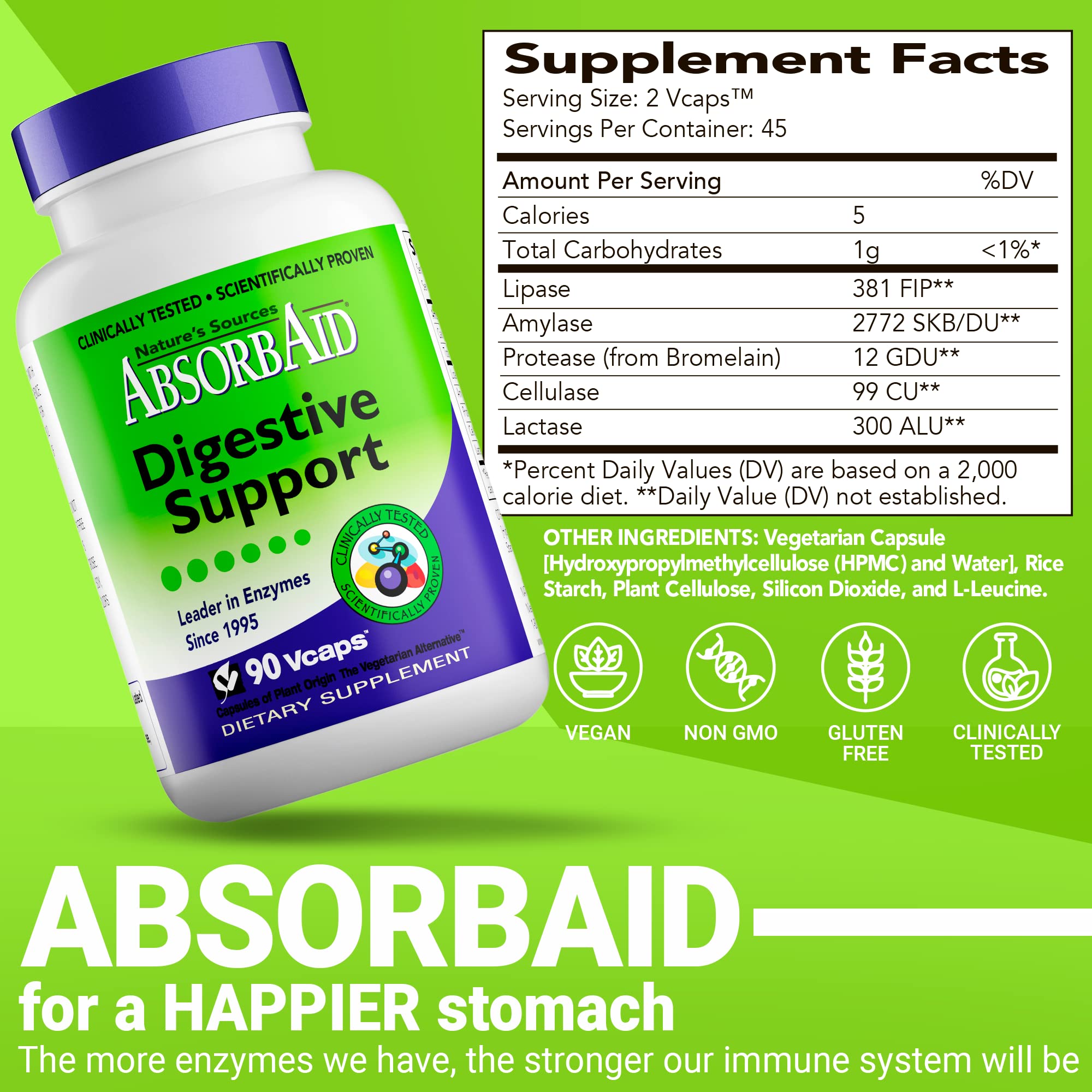 AbsorbAid met en avant des ingrédients végétaux et naturels pour le soutien digestif.