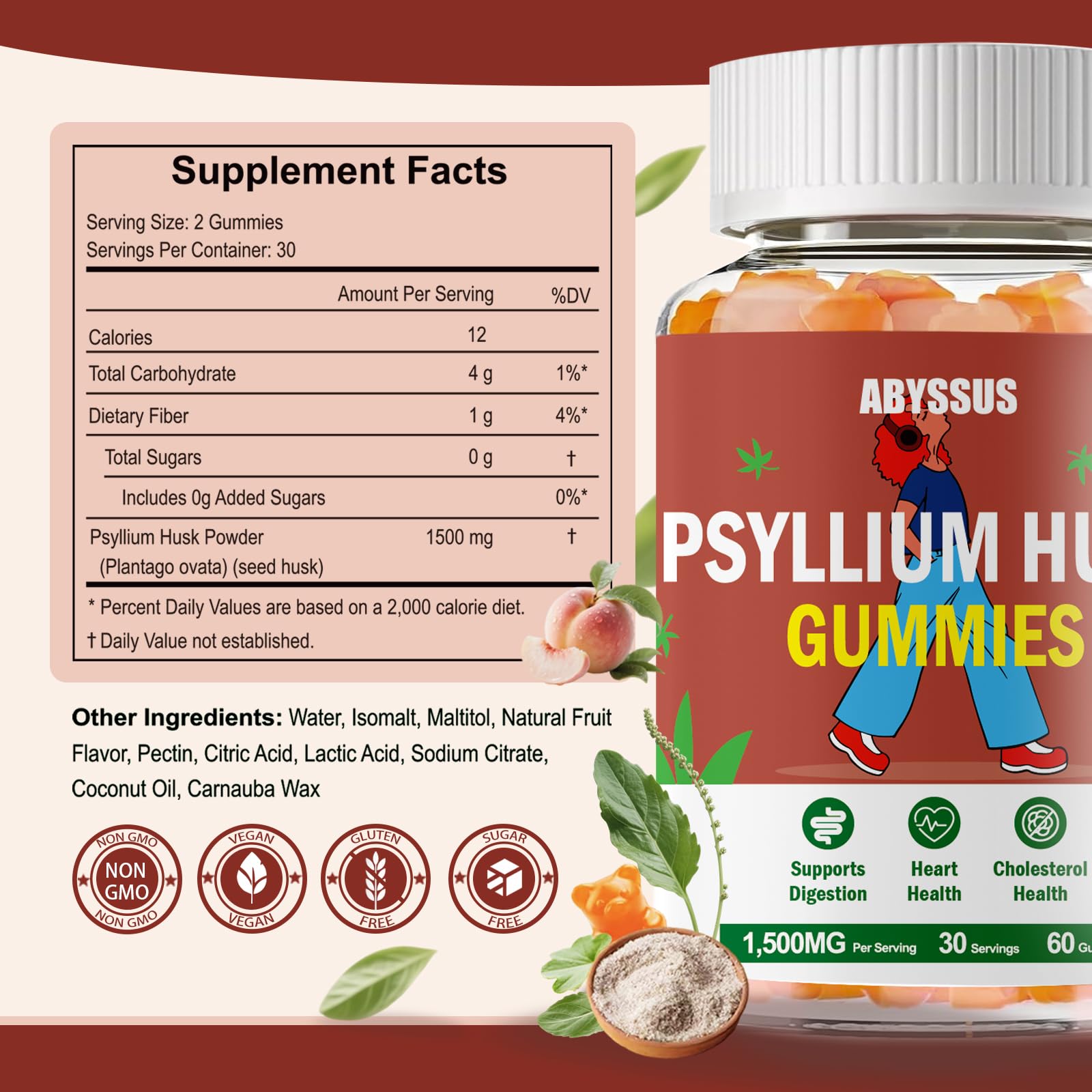 ABYSSUS Gommes psyllium pêche sans sucre, snack sain sans sucre ajouté