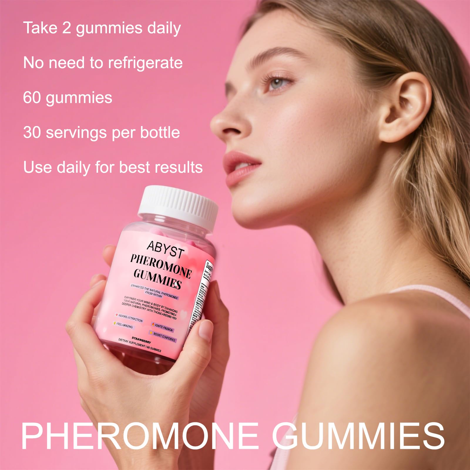 ABYST gommes phéromones pour femmes – emballage soigné, ingrédients vegan et sans OGM.