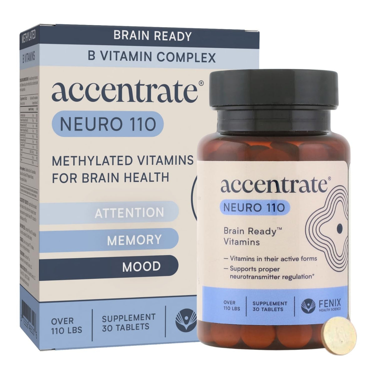 Accentrate Neuro 110 — bouteille et tablettes, soutien potentiel à la concentration