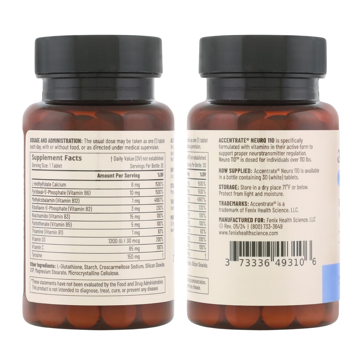 Accentrate Neuro 110 — étiquette et ingrédients, mise en avant des vitamines B et D