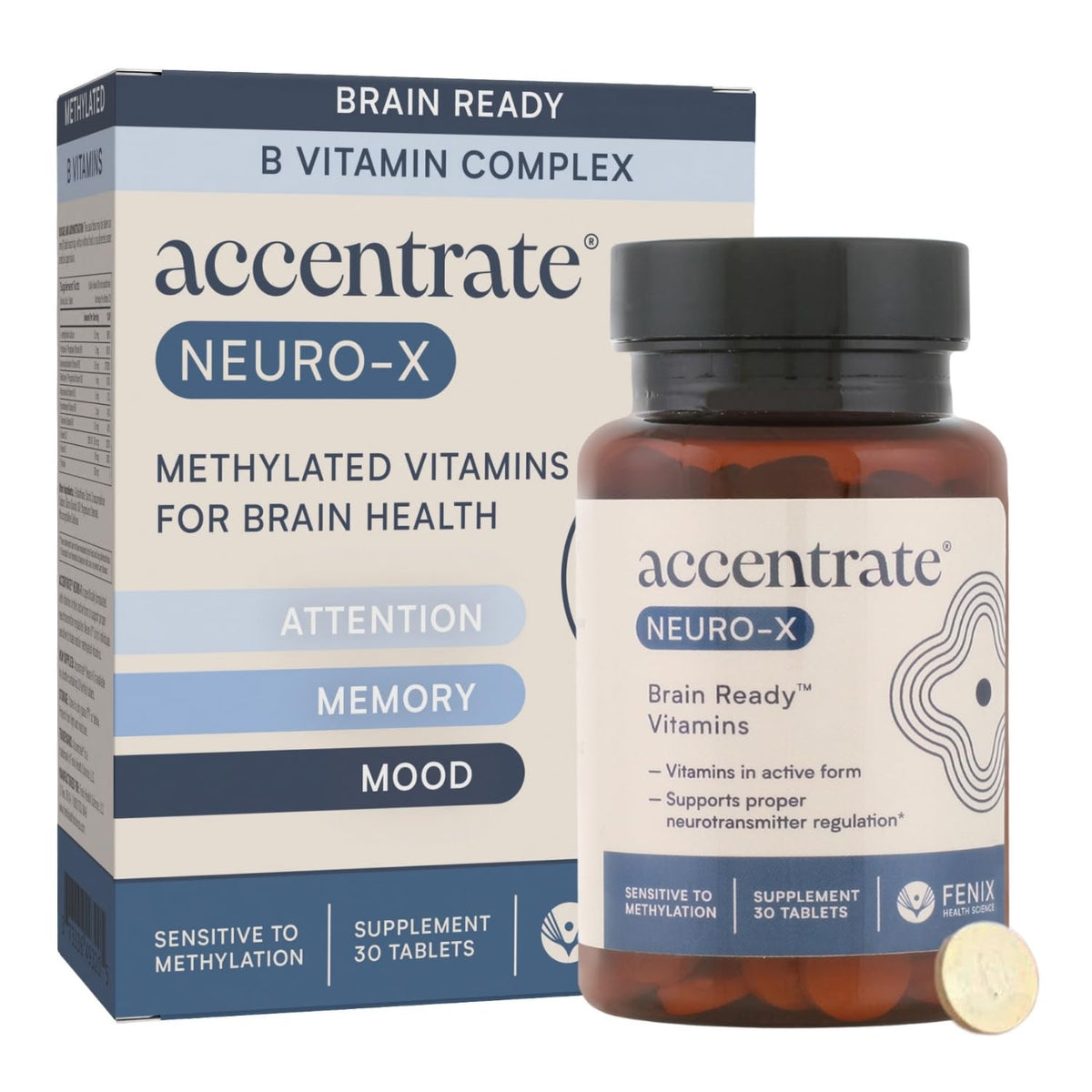 Accentrate Neuro X – bouteille et étiquette, soutien quotidien au cerveau.