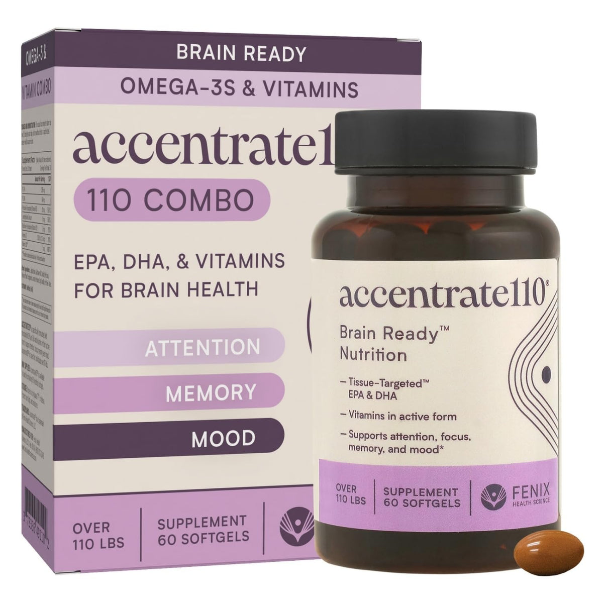 Accentrate110: bouteille oméga-3 et vitamines B pour la concentration.