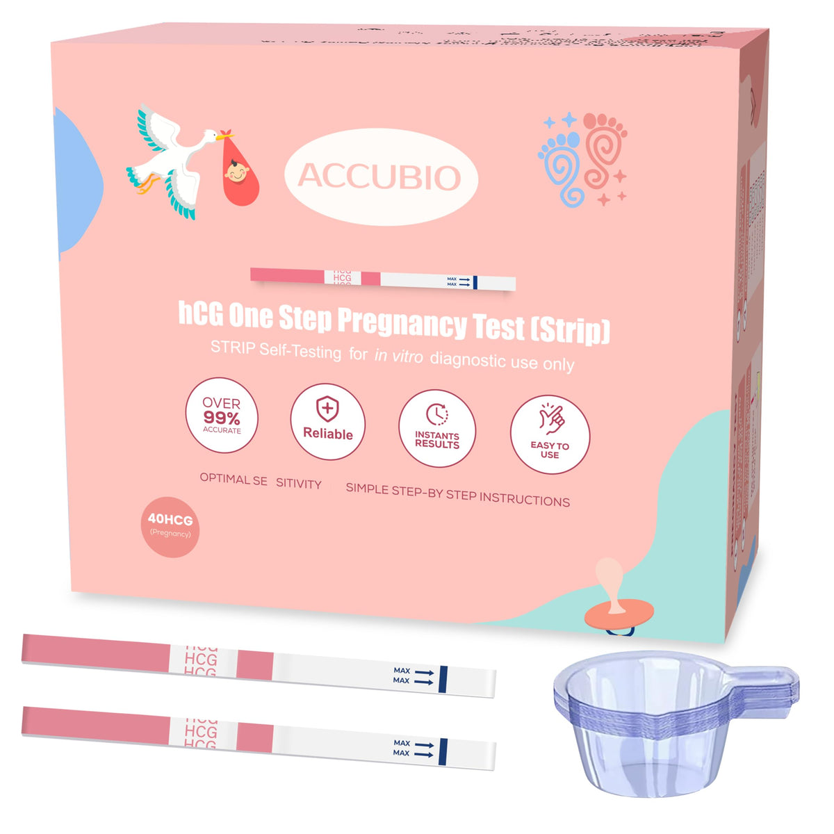 ACCUBIO: boîte avec bandelettes hCG et tasses d'urine, pratique et hygiénique.