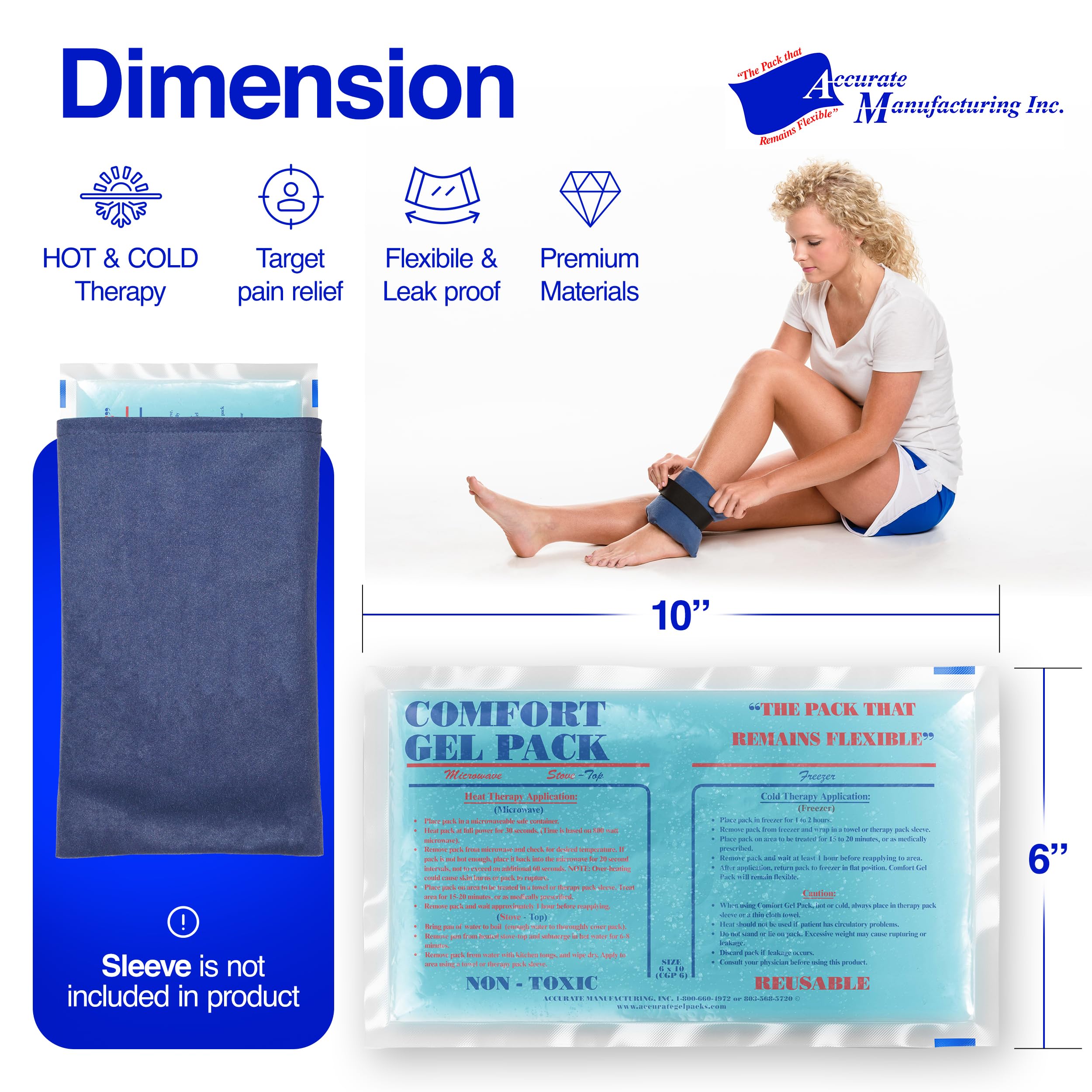 Pack gel Accurate 6x10 offre compresses chaudes/froides réutilisables et durables.