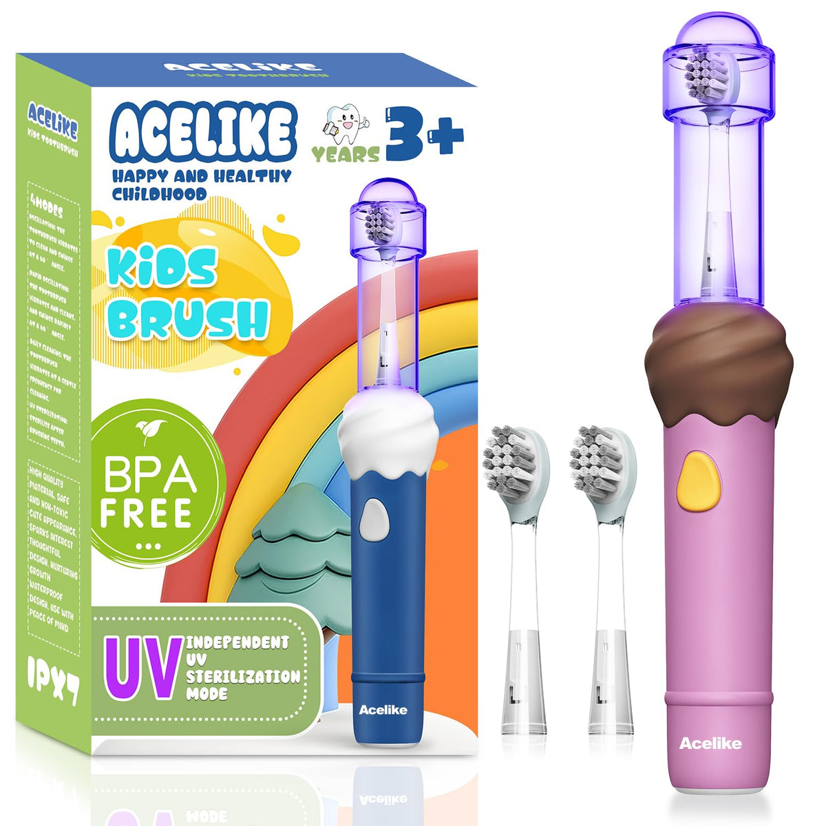 Brosse Acelike UV pour enfants, vue avant, pratique pour l'apprentissage du brossage.