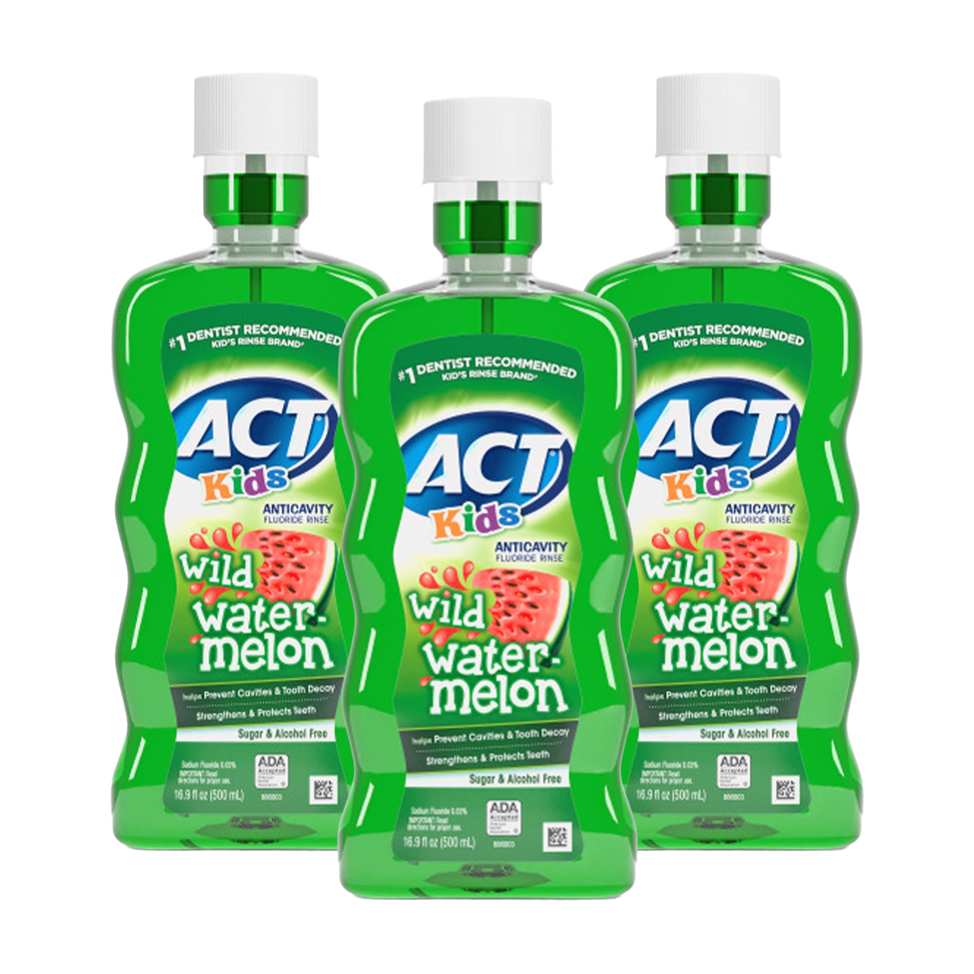 ACT Enfants Bain-bouche anticaries pastèque avec gobelet doseur, favorise une routine dentaire efficace
