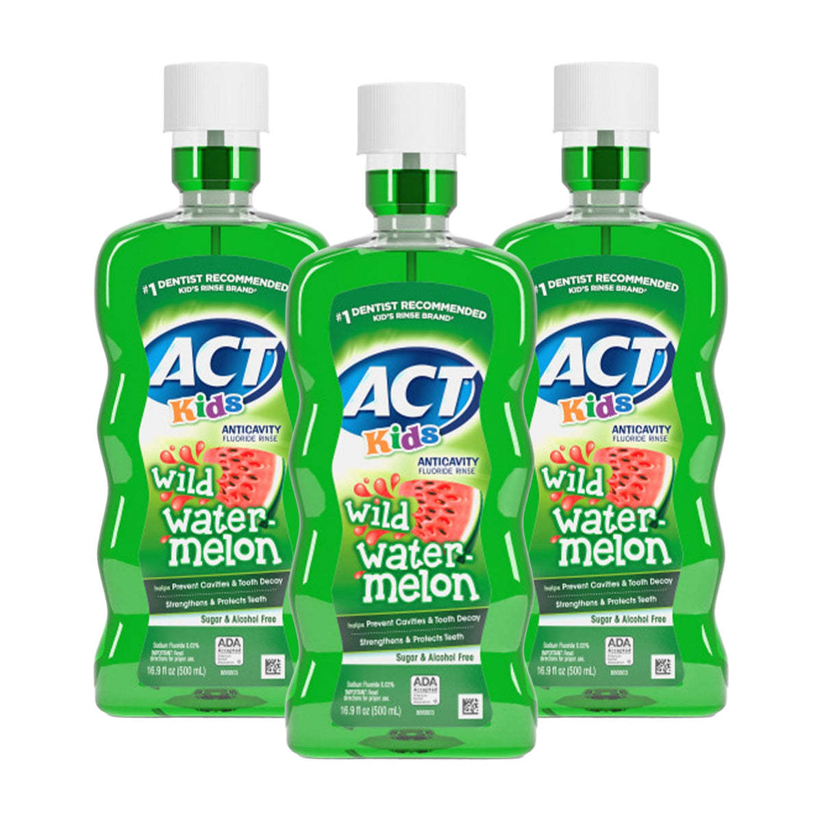 ACT Enfants Bain-bouche anticaries pastèque avec gobelet doseur, favorise une routine dentaire efficace
