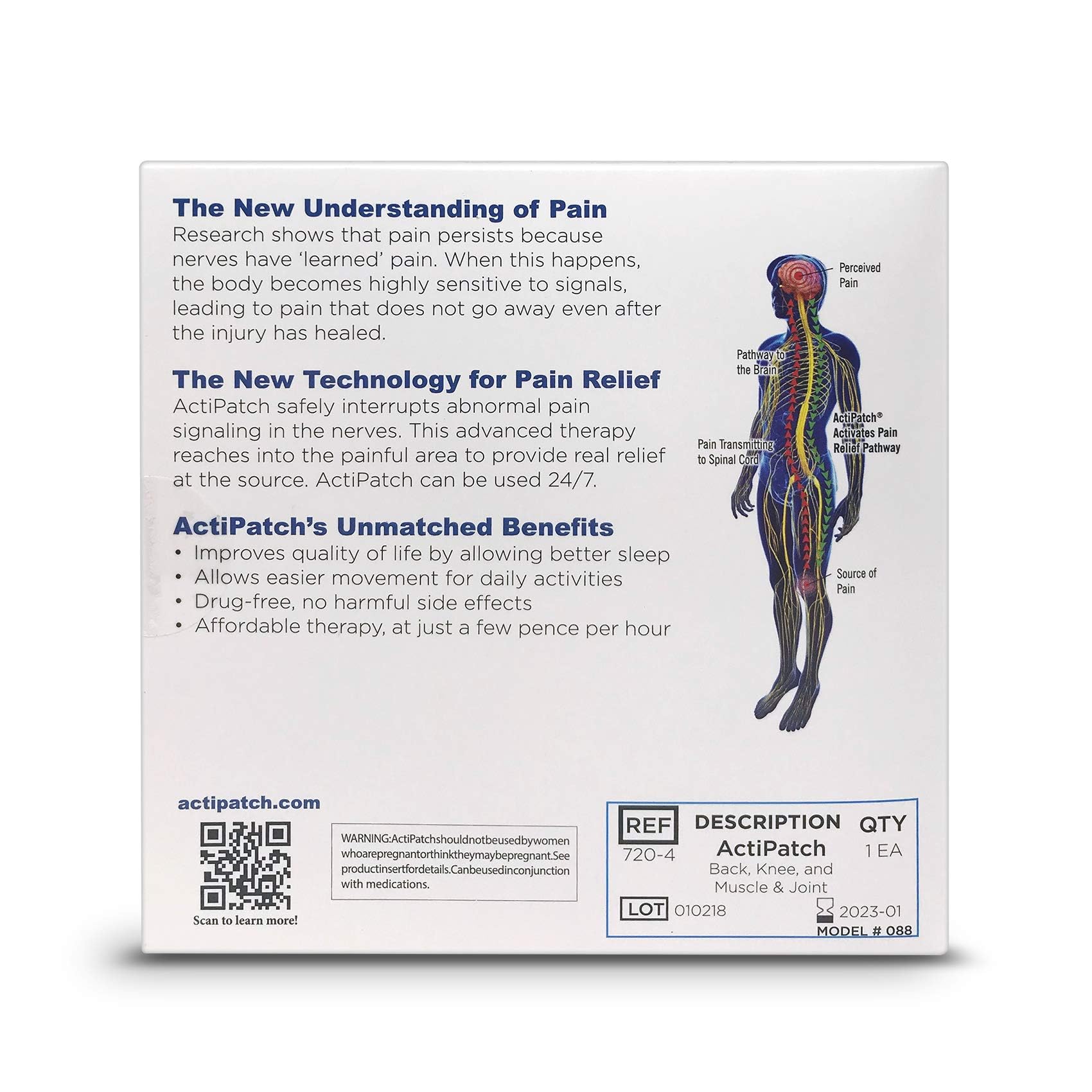 ActiPatch tout-en-un avec attache ruban adhésif, utilisation continue autour du genou.