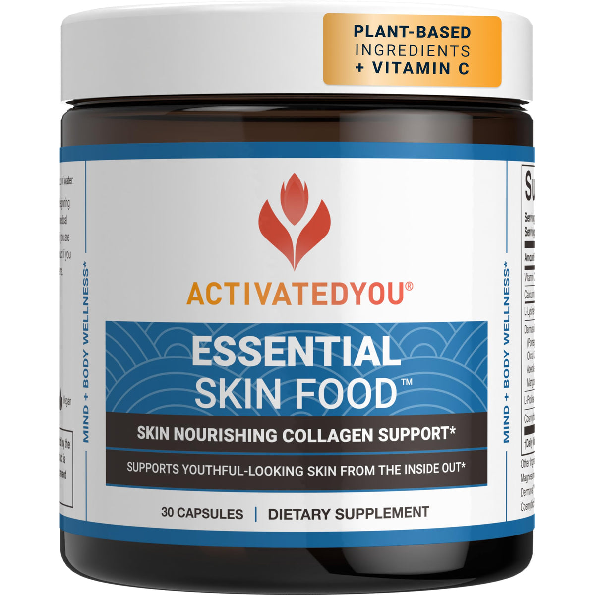 ACTIVATEDYOU Essential Skin Food, bouteille zoom soutenant une peau ferme et hydratée.
