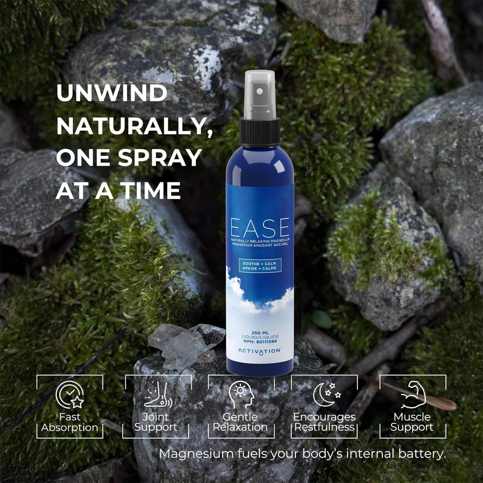Activation Ease Magnésium spray : format 250 ml pratique à domicile ou en voyage.