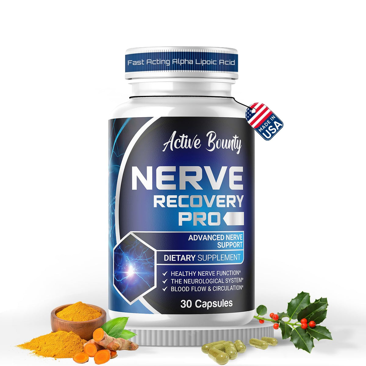 Active Bounty Nerve Recovery Pro, bouteille, soutien quotidien du bien-être nerveux.