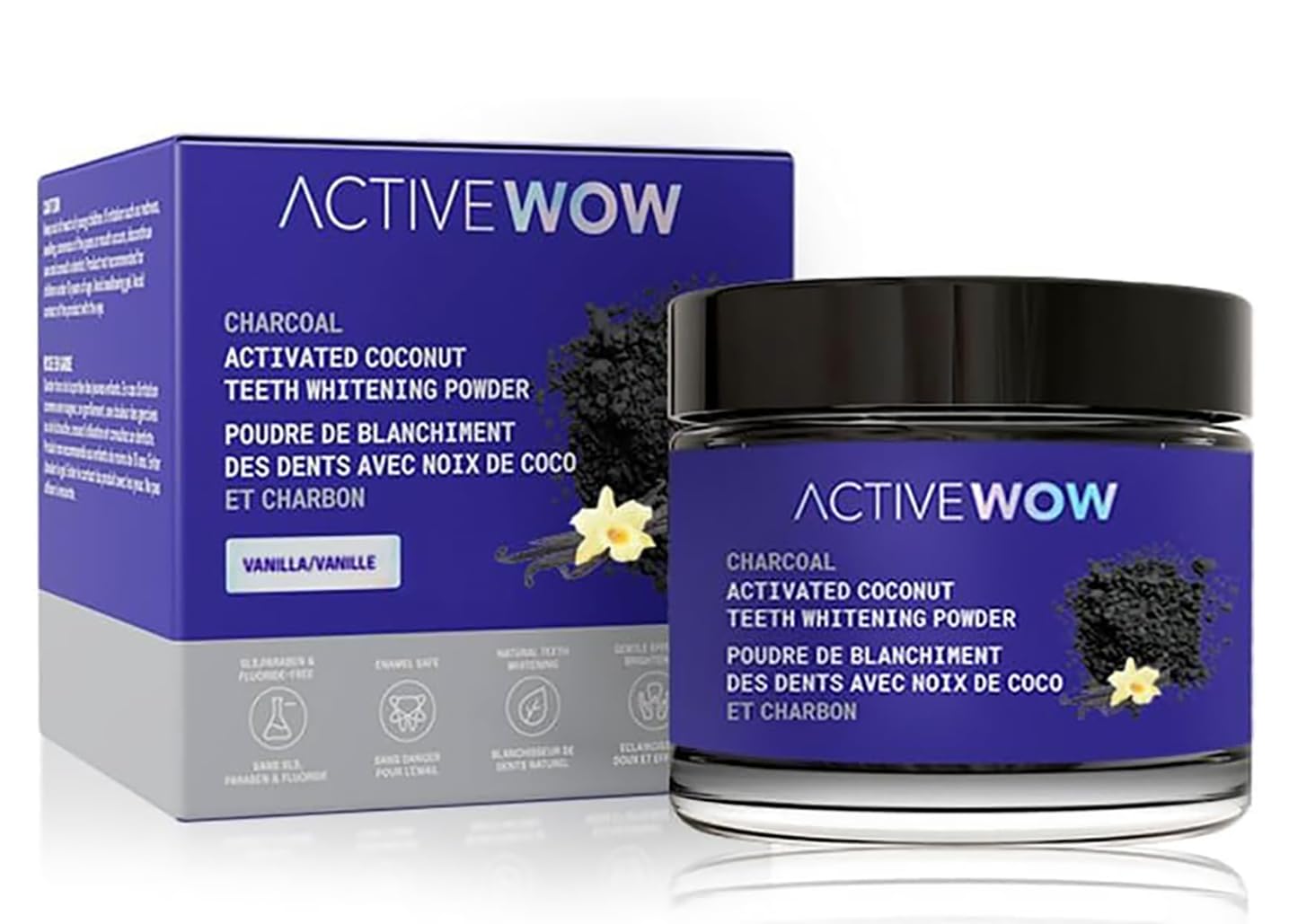 Active Wow Poudre Charbon Coco, bocal compact pour une utilisation pratique au quotidien.