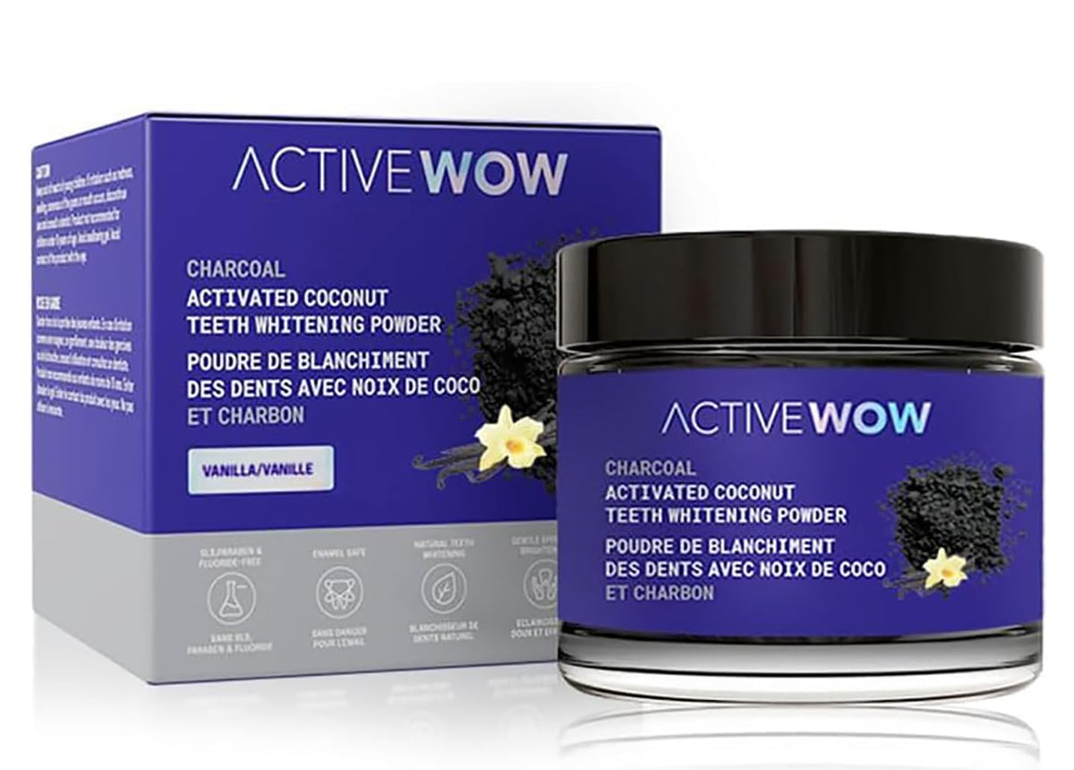 Active Wow Poudre Charbon Coco, bocal compact pour une utilisation pratique au quotidien.