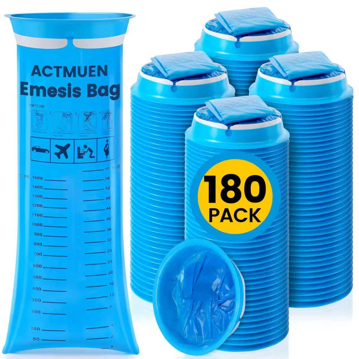Actmuen sacs vomissement 180-pack: pratique pour voyages et domicile, sans fuite.
