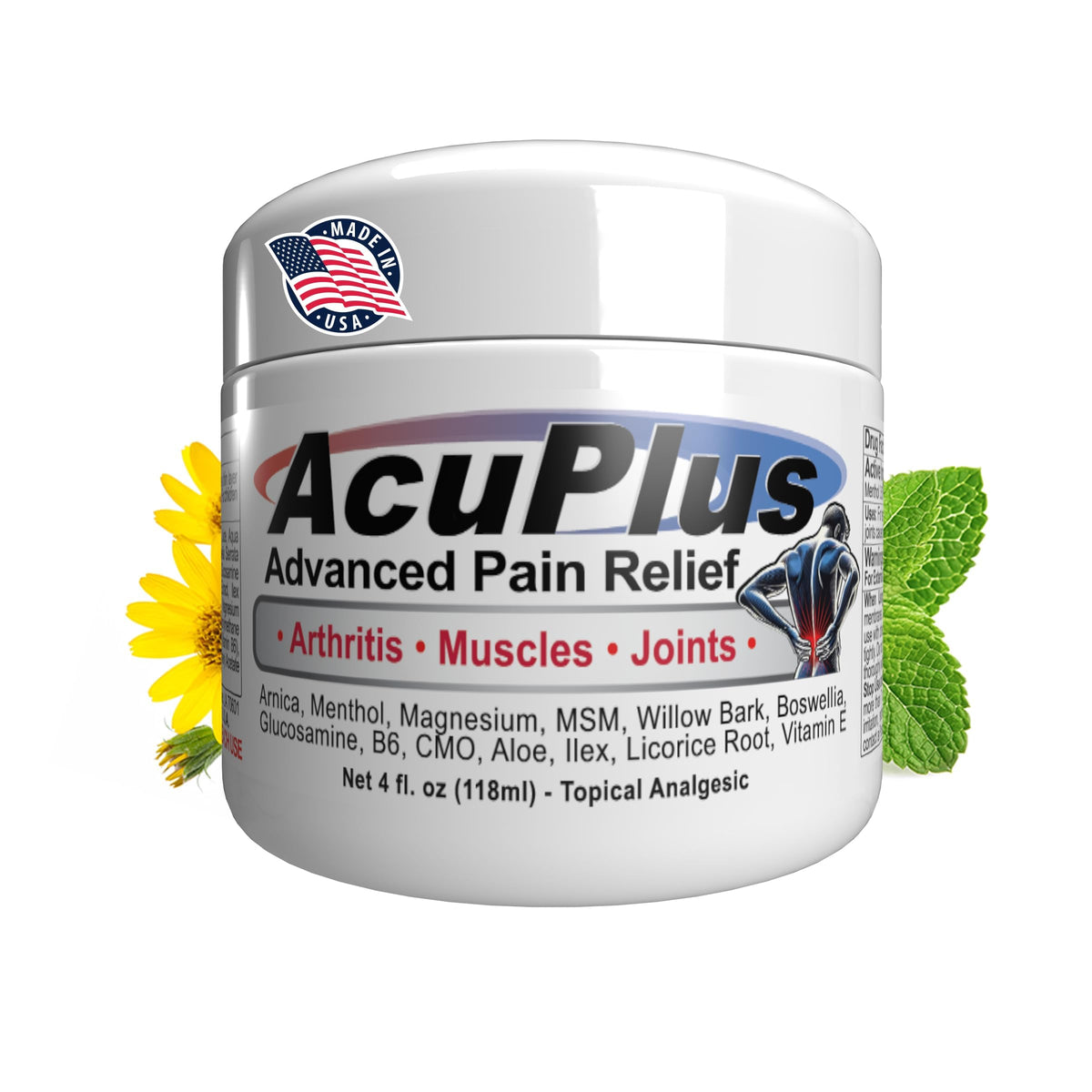 AcuPlus Crème relief rapide – flacon et texture, soulagement potentiel des douleurs musculaires.