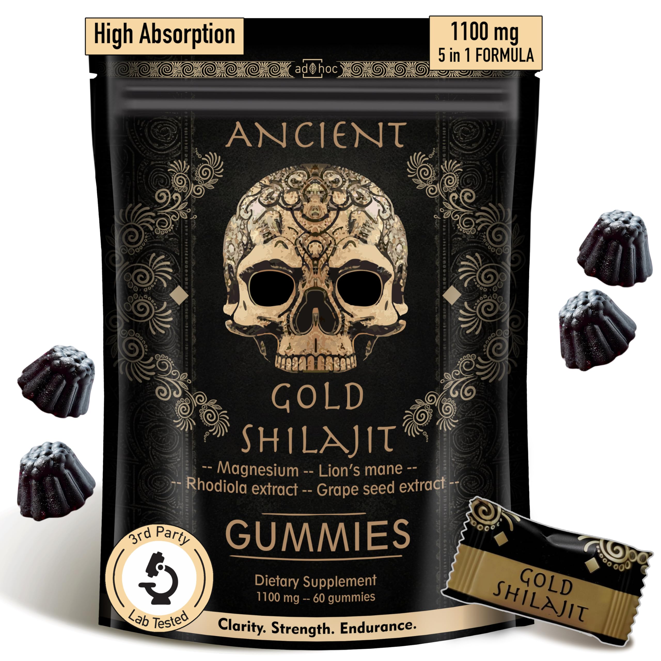 Ad hoc Shilajit Gommes bouteille dorée pour énergie naturelle