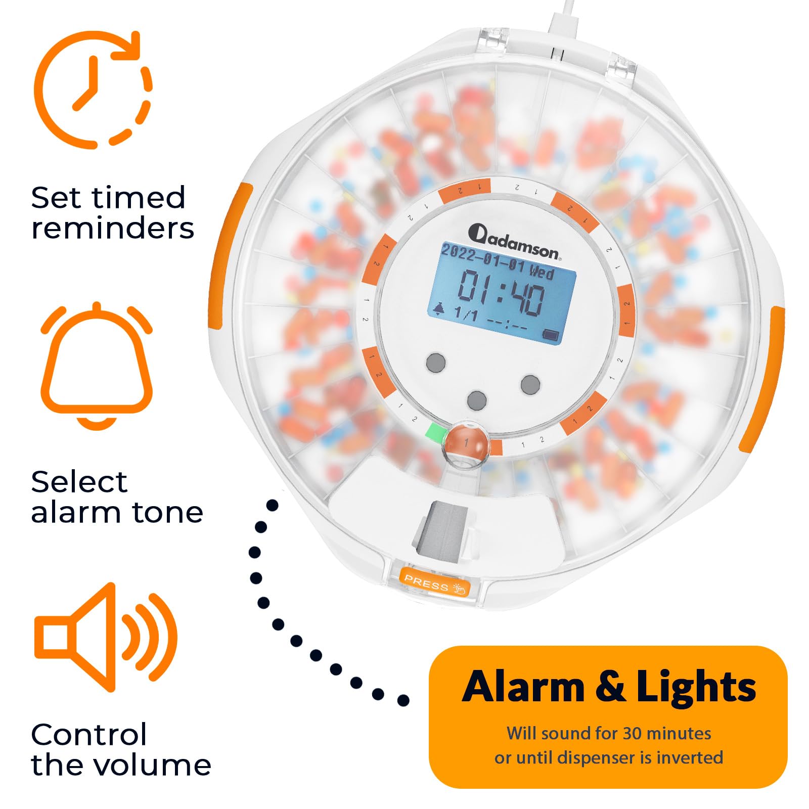 Adamson TimelyMed dispositif sécurisé avec verrouillage à clé.