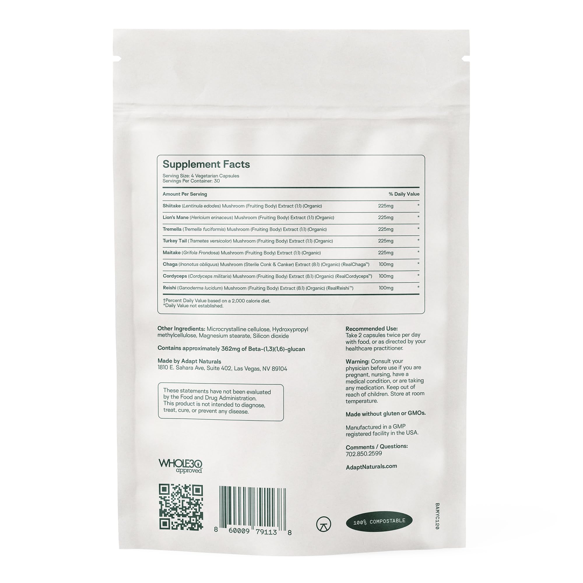 Adapt Naturals Bio-Avail Myco : emballage clair avec informations essentielles et durabilité.