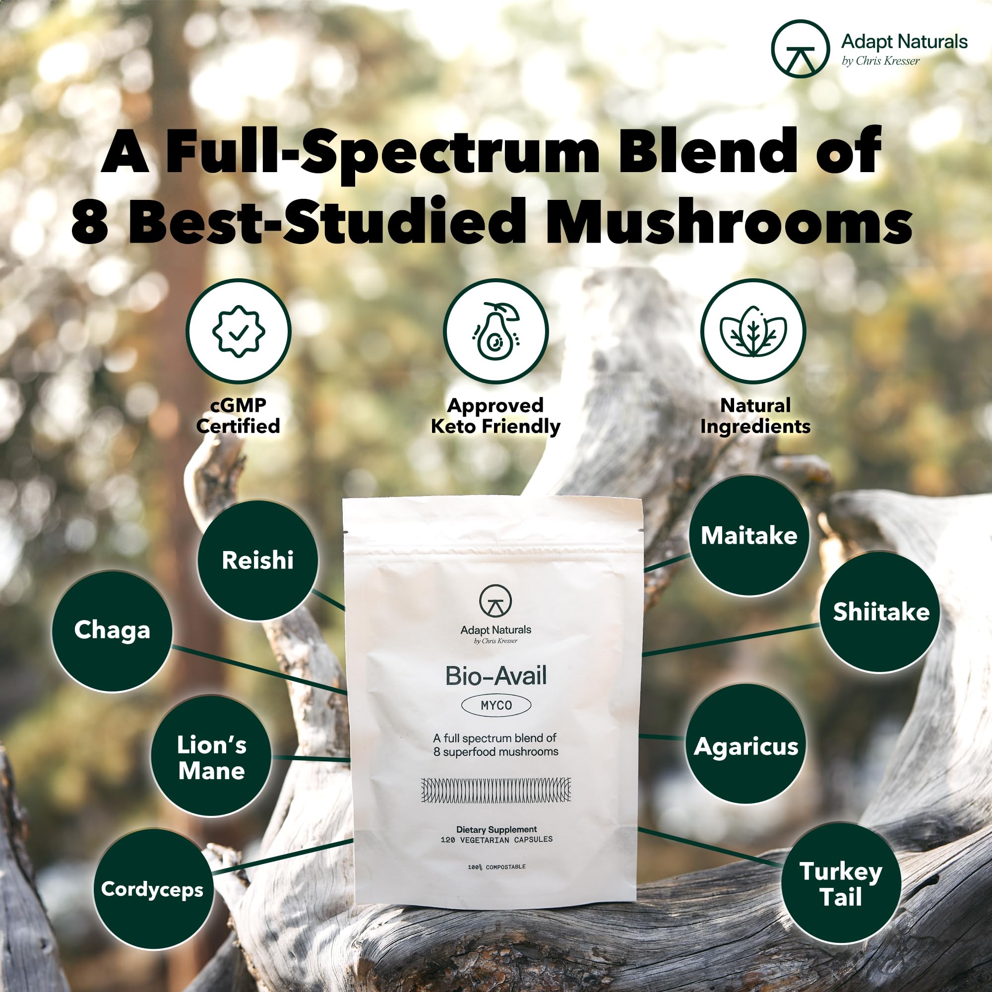 Adapt Naturals Bio-Avail Myco : extraits de champignons pour soutien cognitif.
