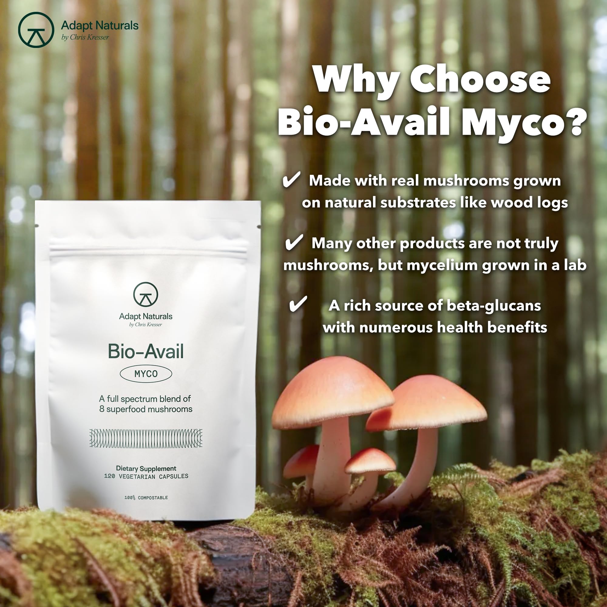 Adapt Naturals Bio-Avail Myco : mélange d'extraits de huit champignons pour l'équilibre.