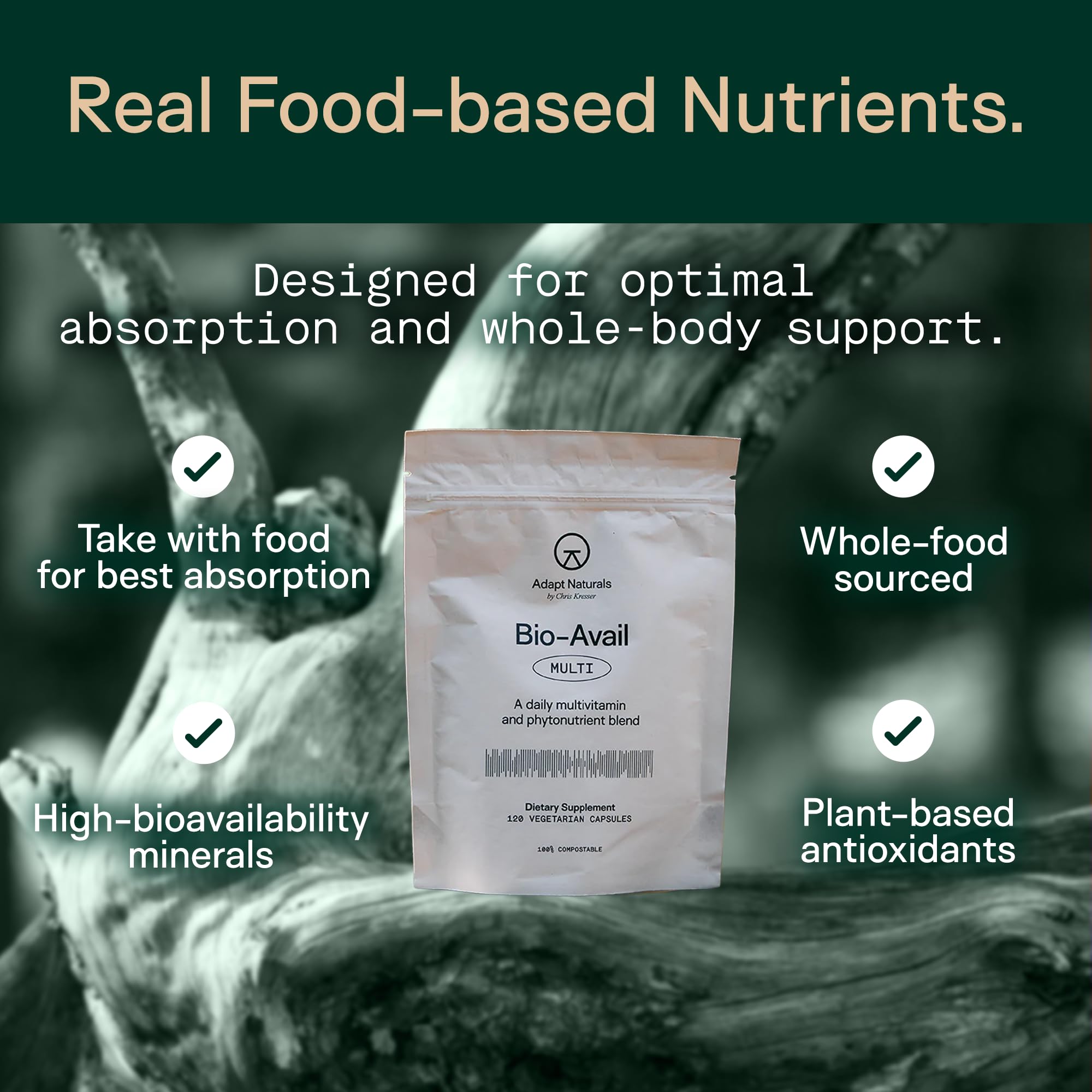 Adapt Naturals Multivitamine - prise avec repas pour absorption optimale.