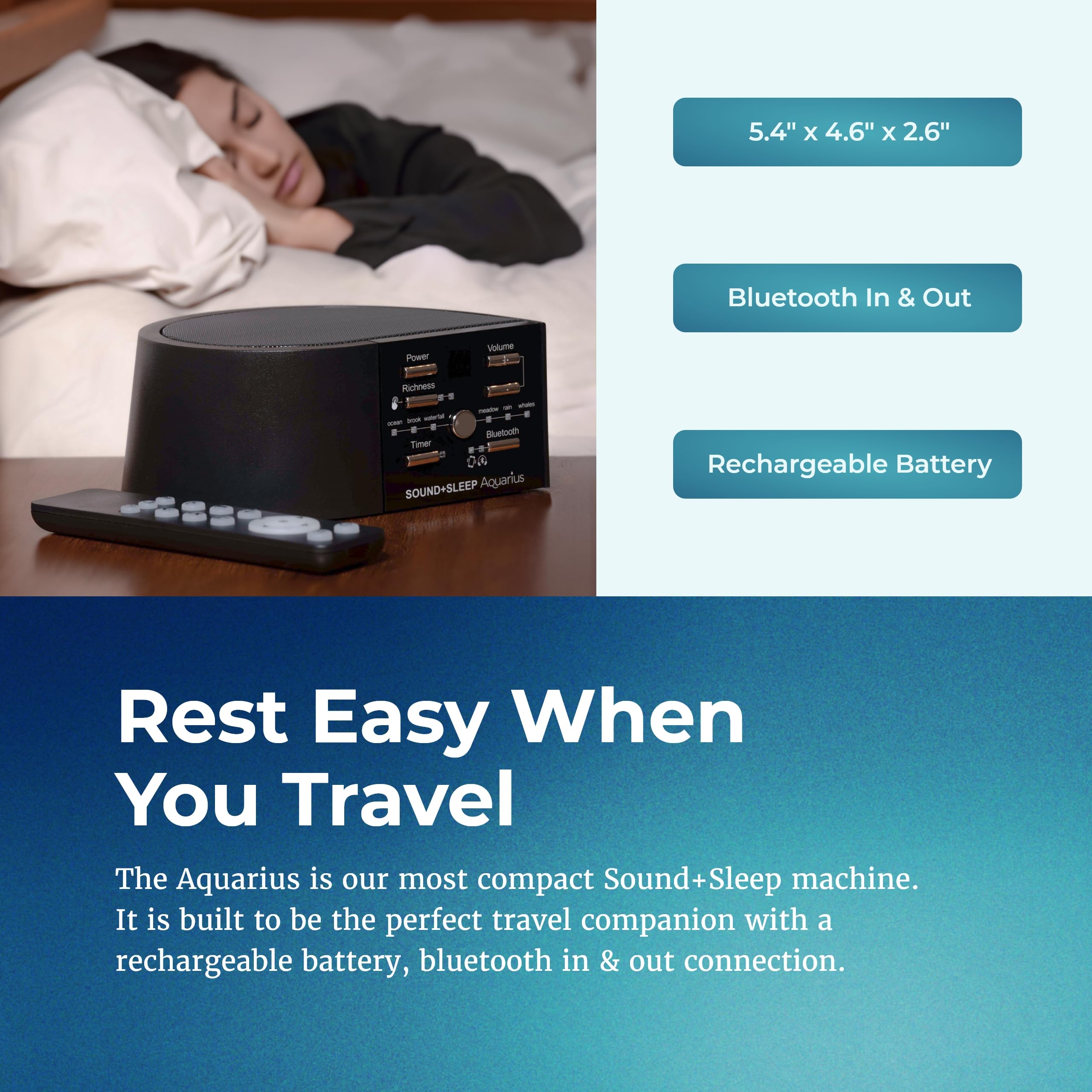 Adaptive Sound Aquarius: design compact et portable pour sommeil en voyage.