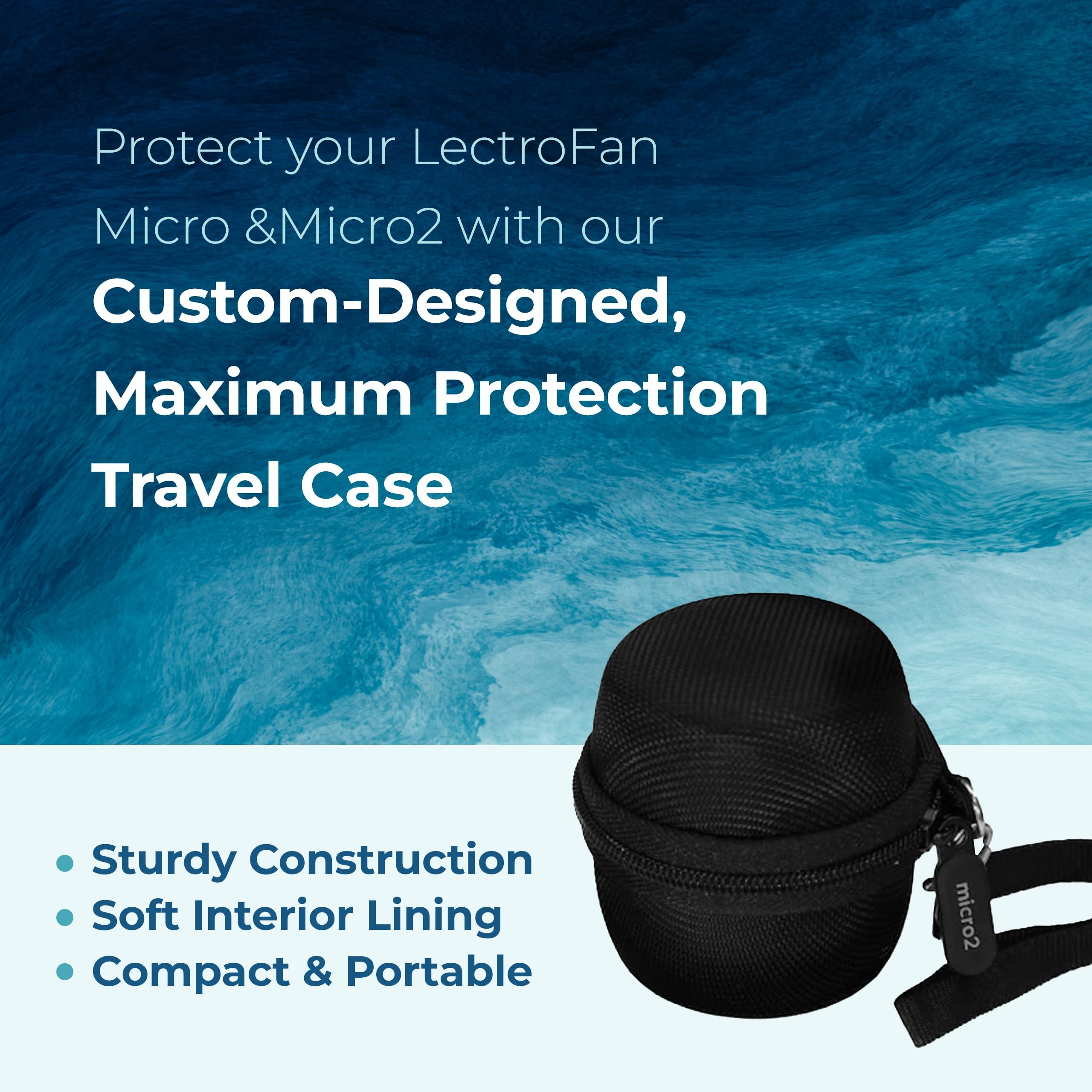 LectroFan Micro2 rangé dans l étui avec poche pour câble et accessoires