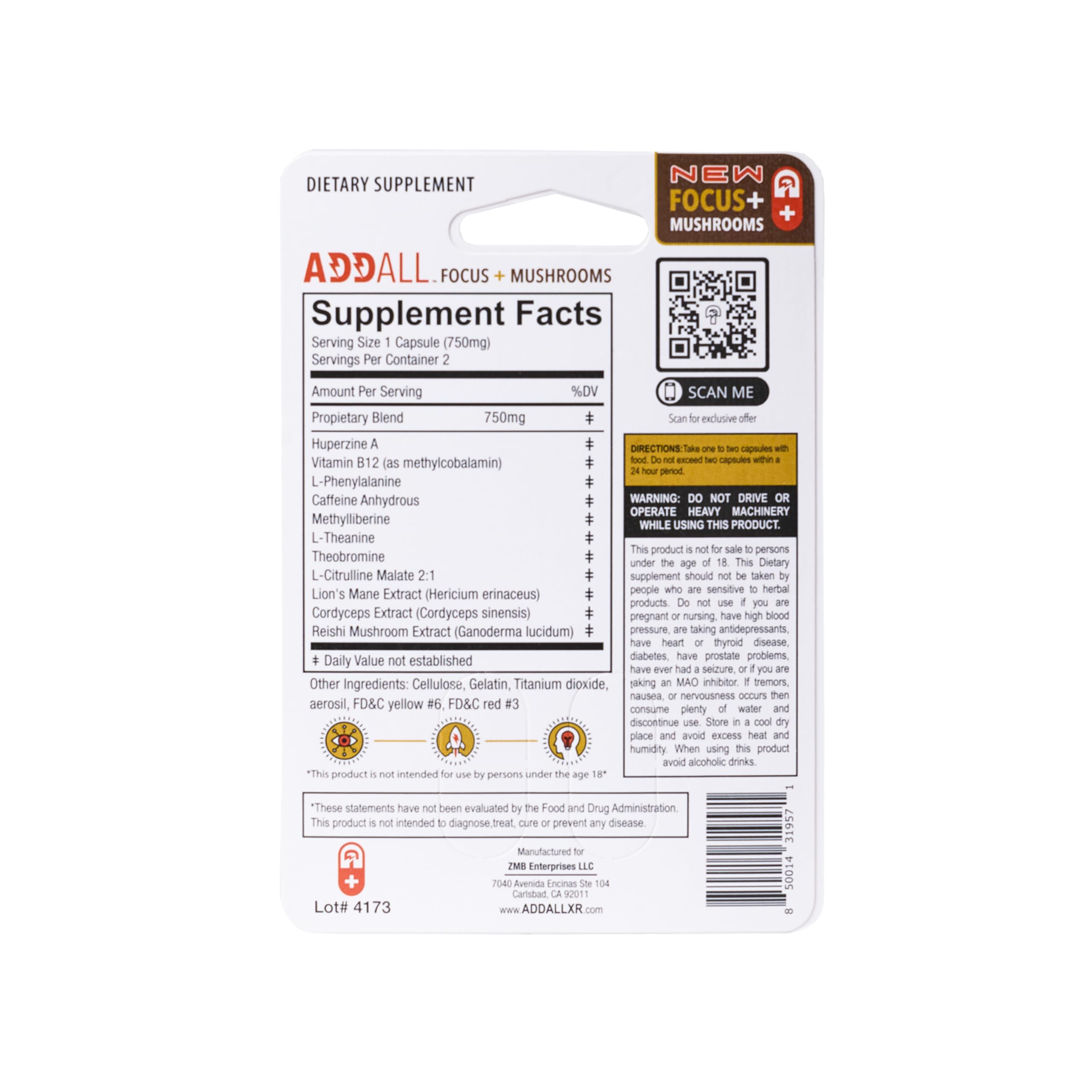 Addall Focus + Mushrooms, emballage 12 pièces, énergie stable sans crash