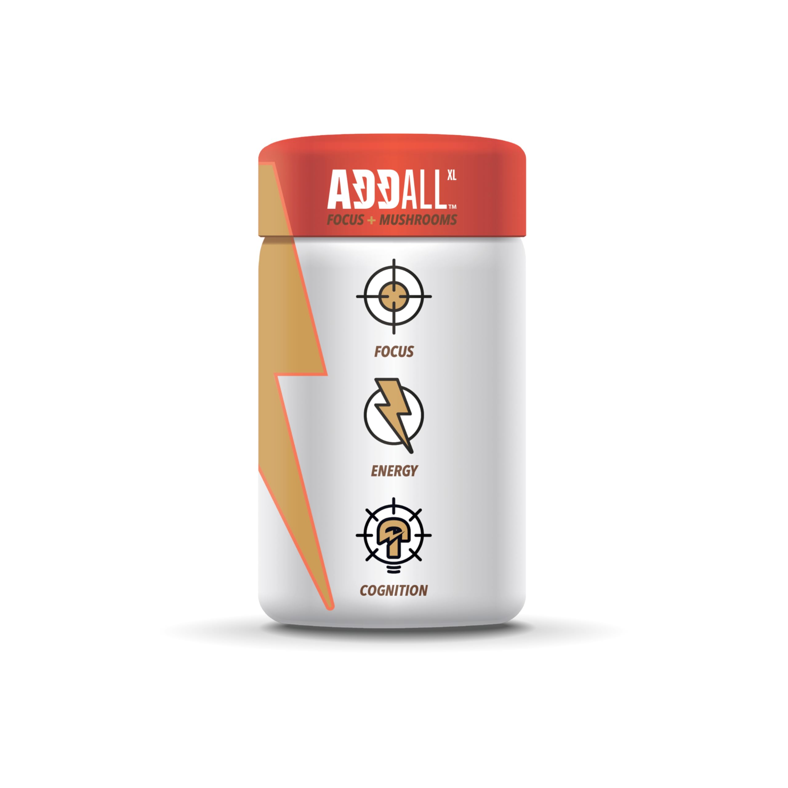 Addall Focus + Mushrooms emballage boîte, packaging pratique pour étudiants et professionnels.