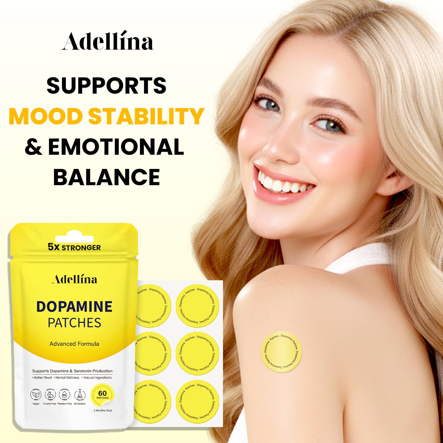Patch Adellina Dopamine Force appliqué sur la peau
