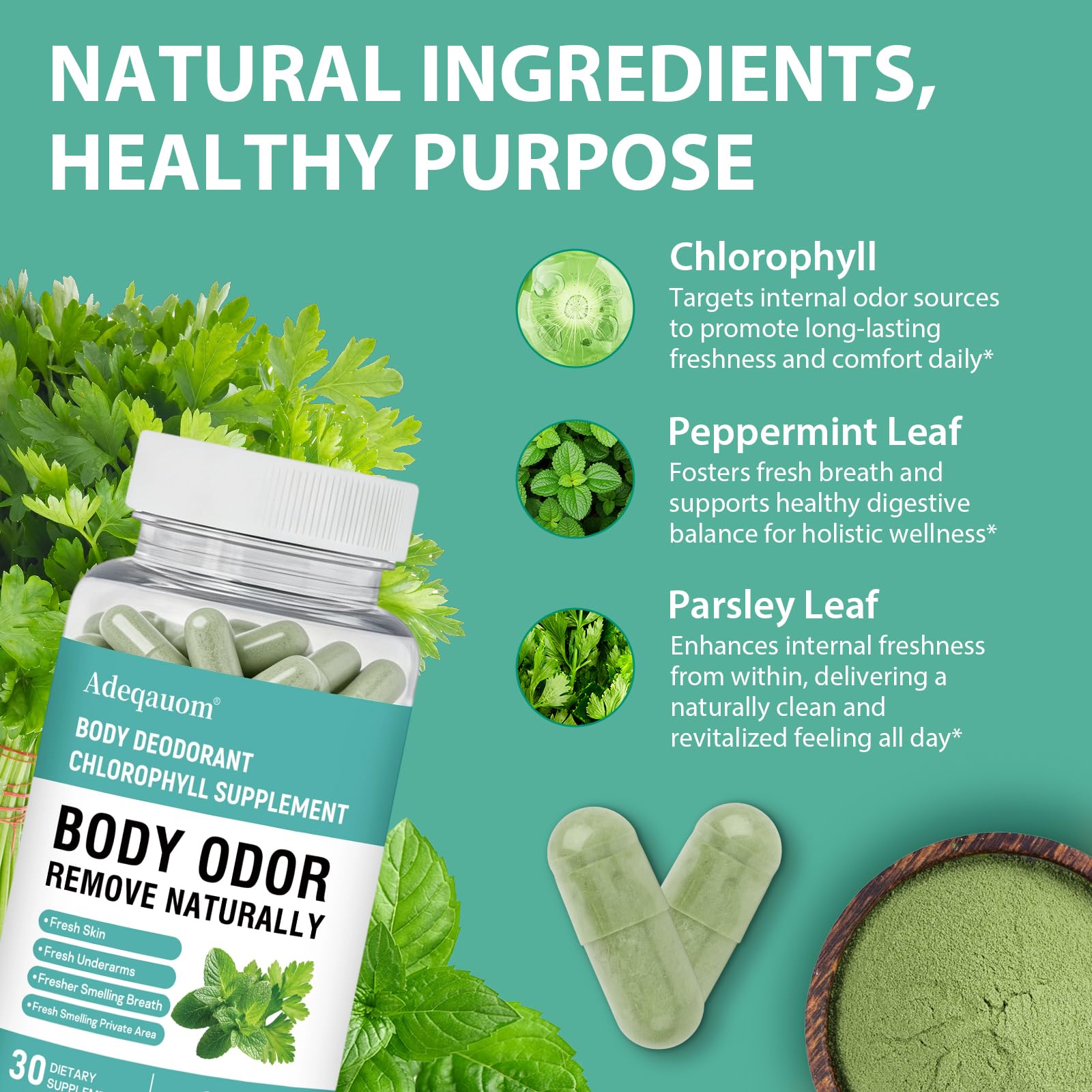 Adeqauom Chlorophylle Capsules - boîte et étiquette claire pour usage quotidien.