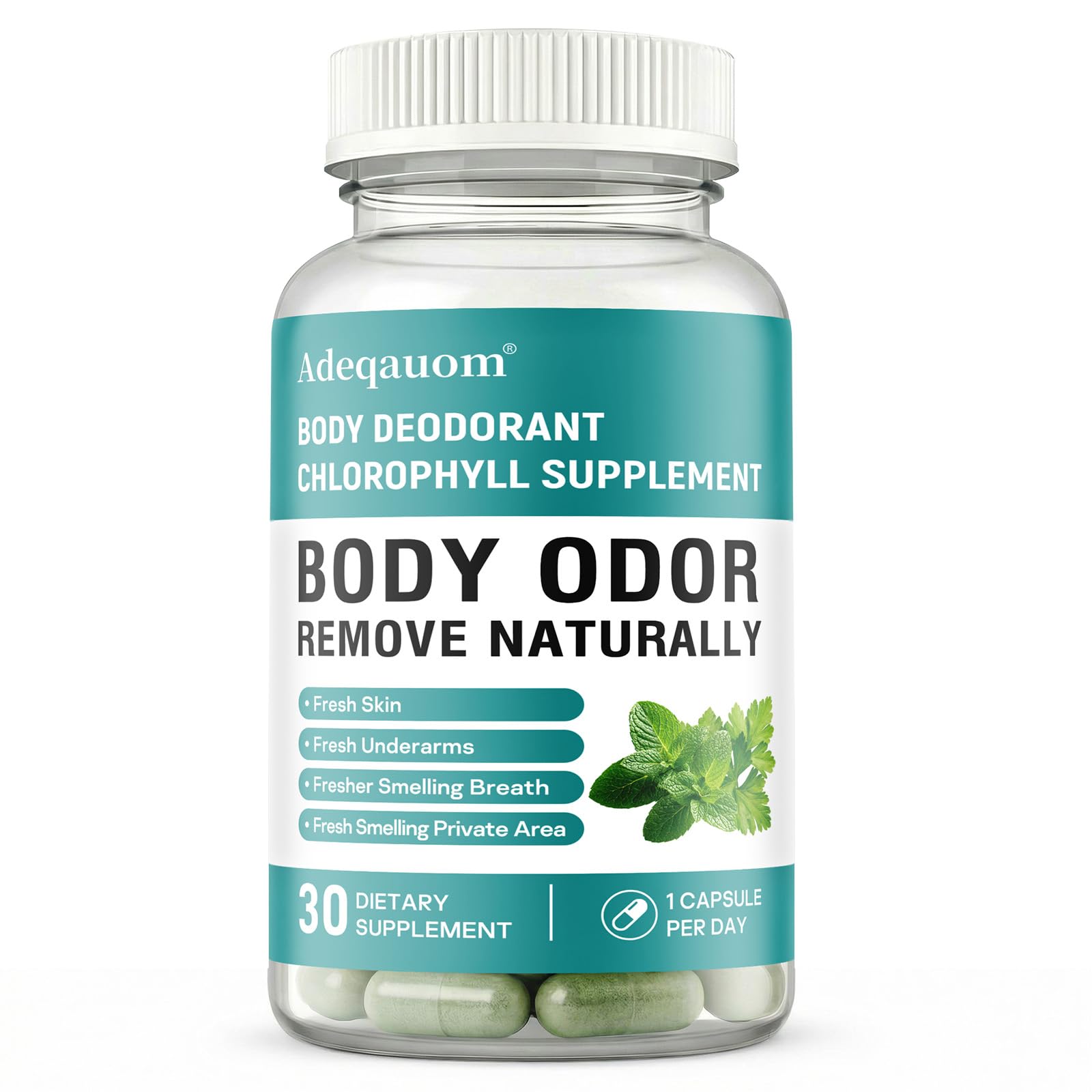 Adeqauom Chlorophylle Capsules - bouteille transparente montrant les gélules pour une fraîcheur durable.