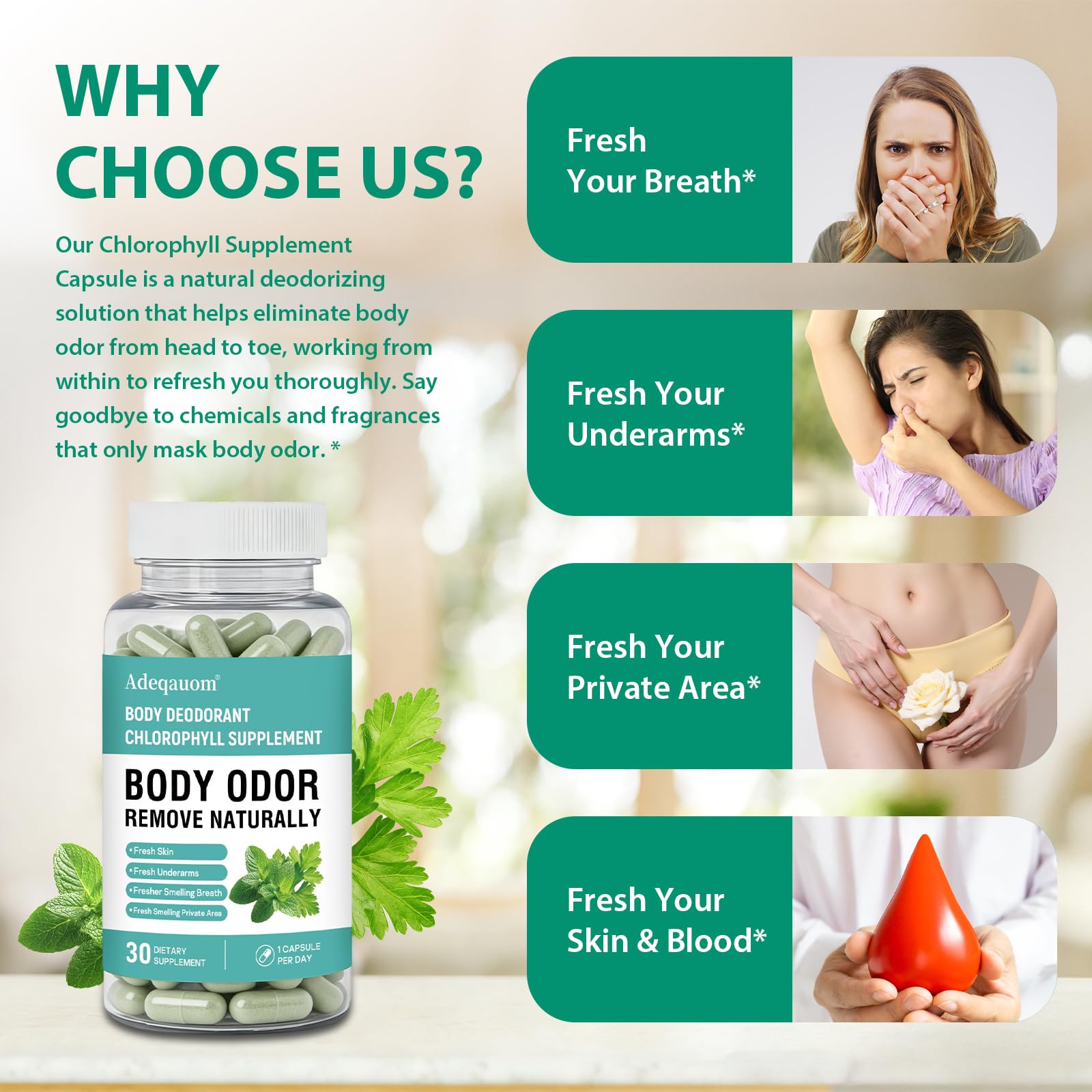 Adeqauom Chlorophylle Capsules - étiquette informative sur ingrédients naturels et sécurité.