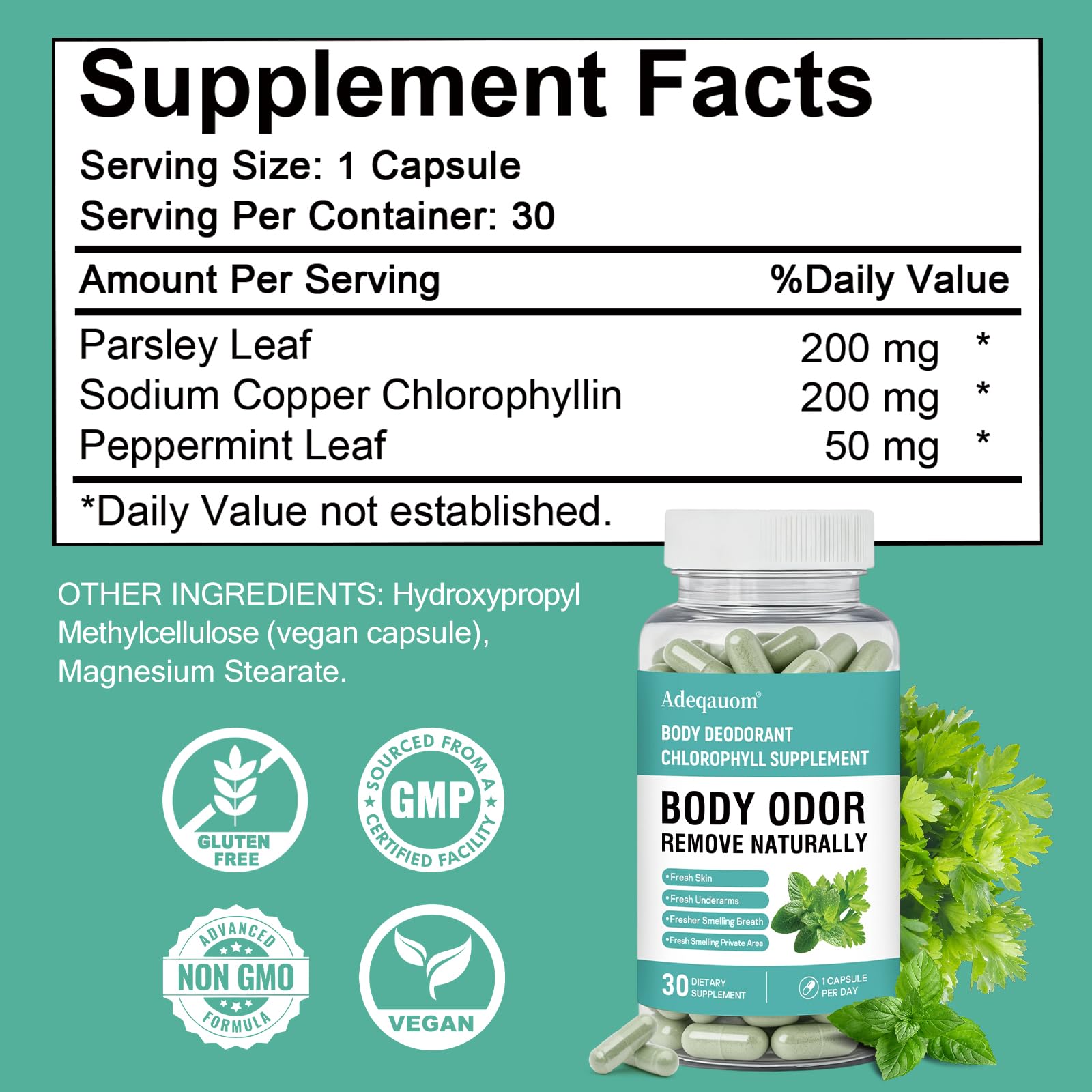 Adeqauom Chlorophylle Capsules - sans gluten ni additifs pour plus de choix.