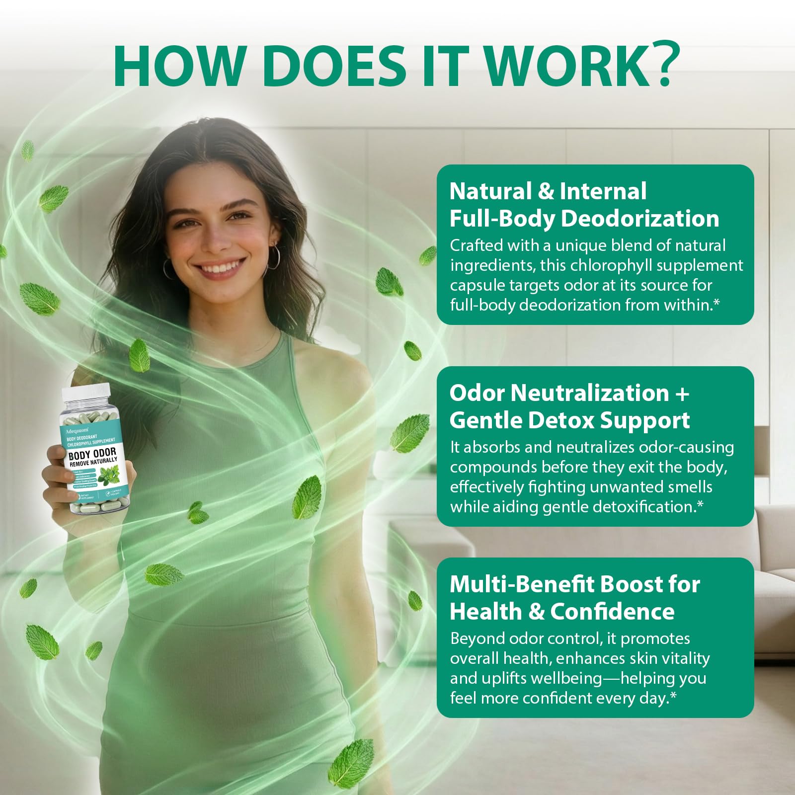 Adeqauom Chlorophylle Capsules - verre-doseur montrant dosage quotidien pratique.