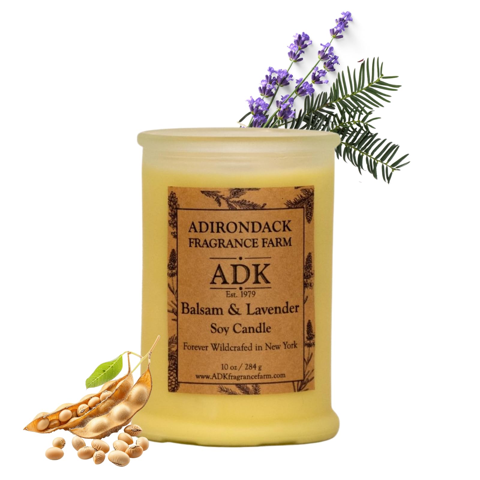 Bougie ADIRONDACK Balsam Lavande dans son verre, parfum durable et naturel.