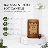 Bougie ADK parfum forêt balsamier et cèdre — ambiance chaleureuse.