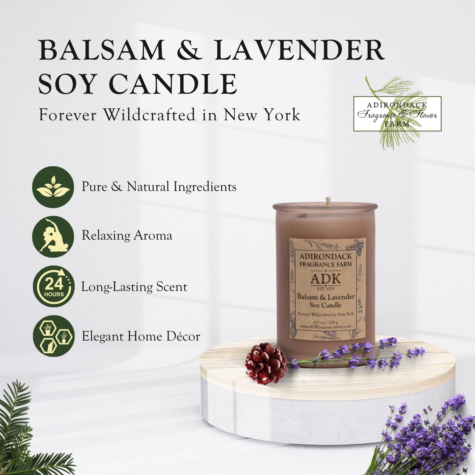 ADK Balsam & Lavender, cire de soja naturelle pour une combustion propre et durable.