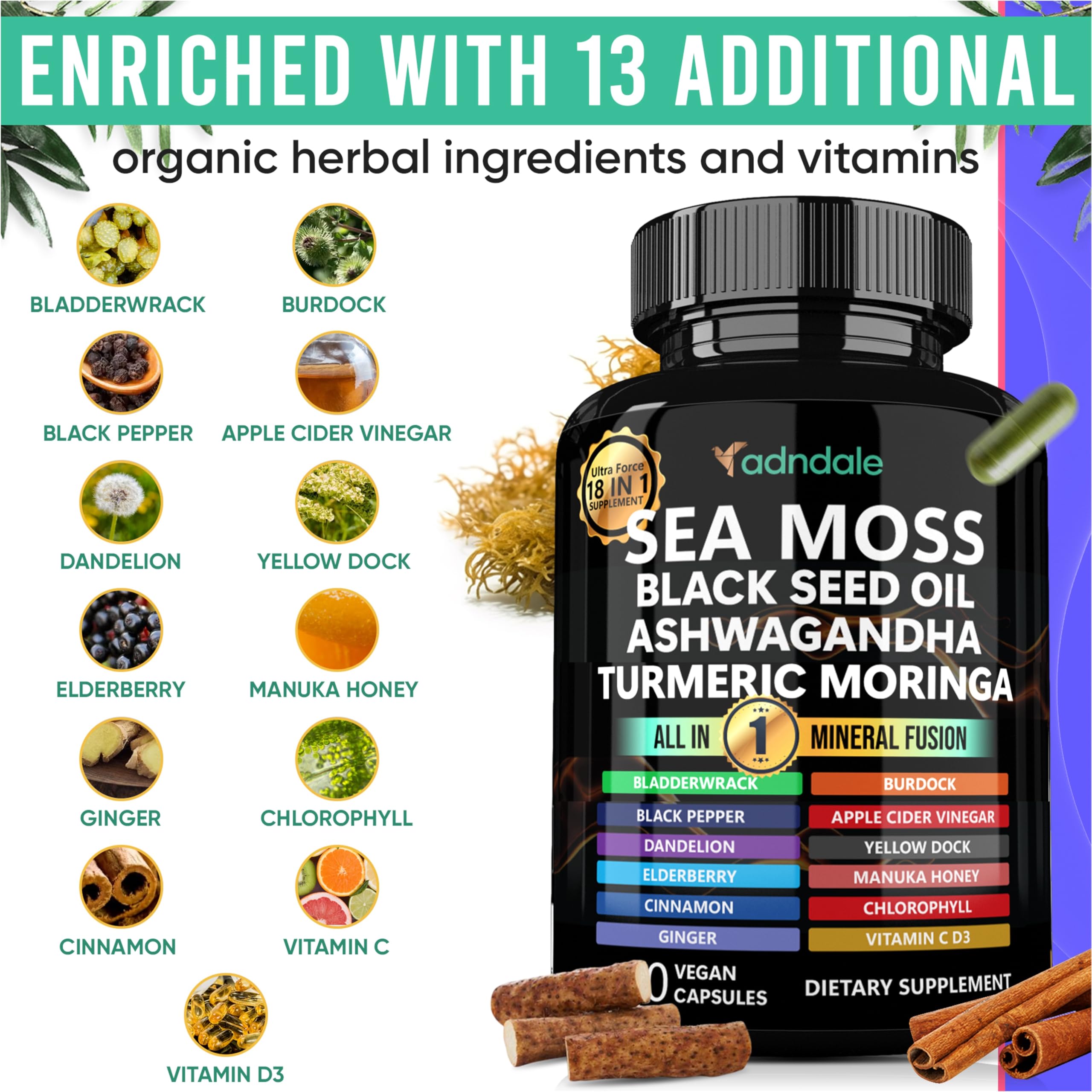 Capsules Adndale ashwagandha : formulation ciblée pour équilibre quotidien.