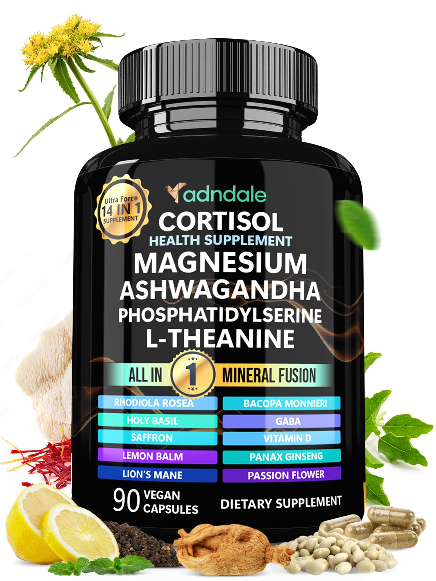 Adndale Cortisol Reducer, bouteille du complément, favorise l’équilibre quotidien.