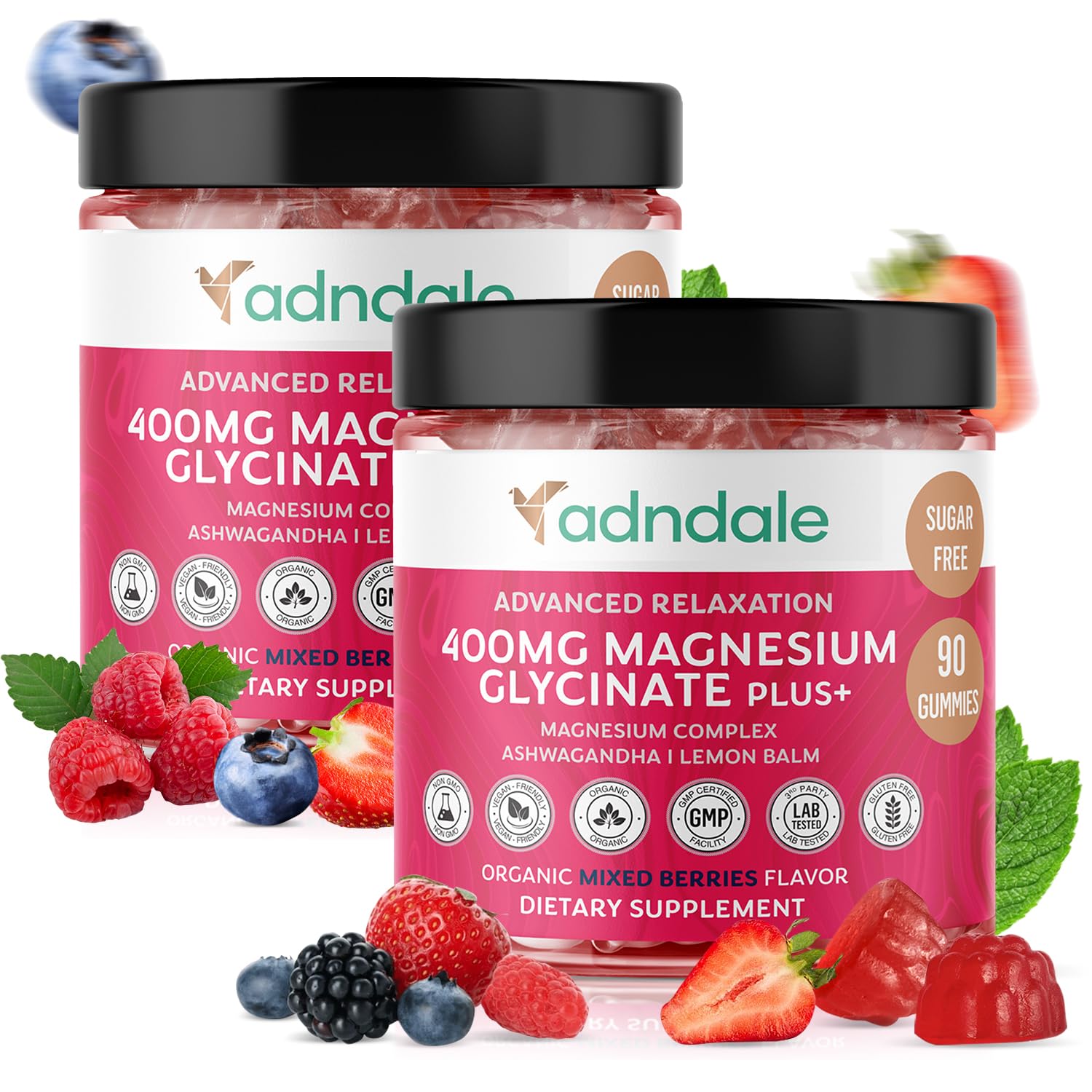 Adndale gommes magnésium glycinate en bouteille, présentation moderne pour relaxation nocturne.